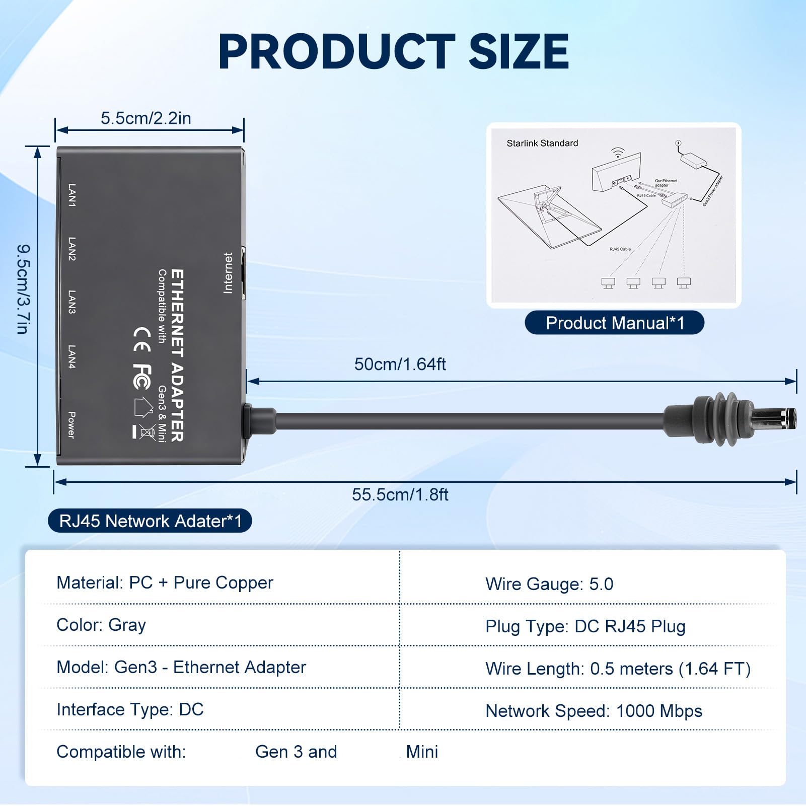 adapter Ethernet Gen 3/Mini, 4 porty RJ45 do przewodowych sieci zewnętrznych, podłączenie 4 urządzeń jednocześnie, szary