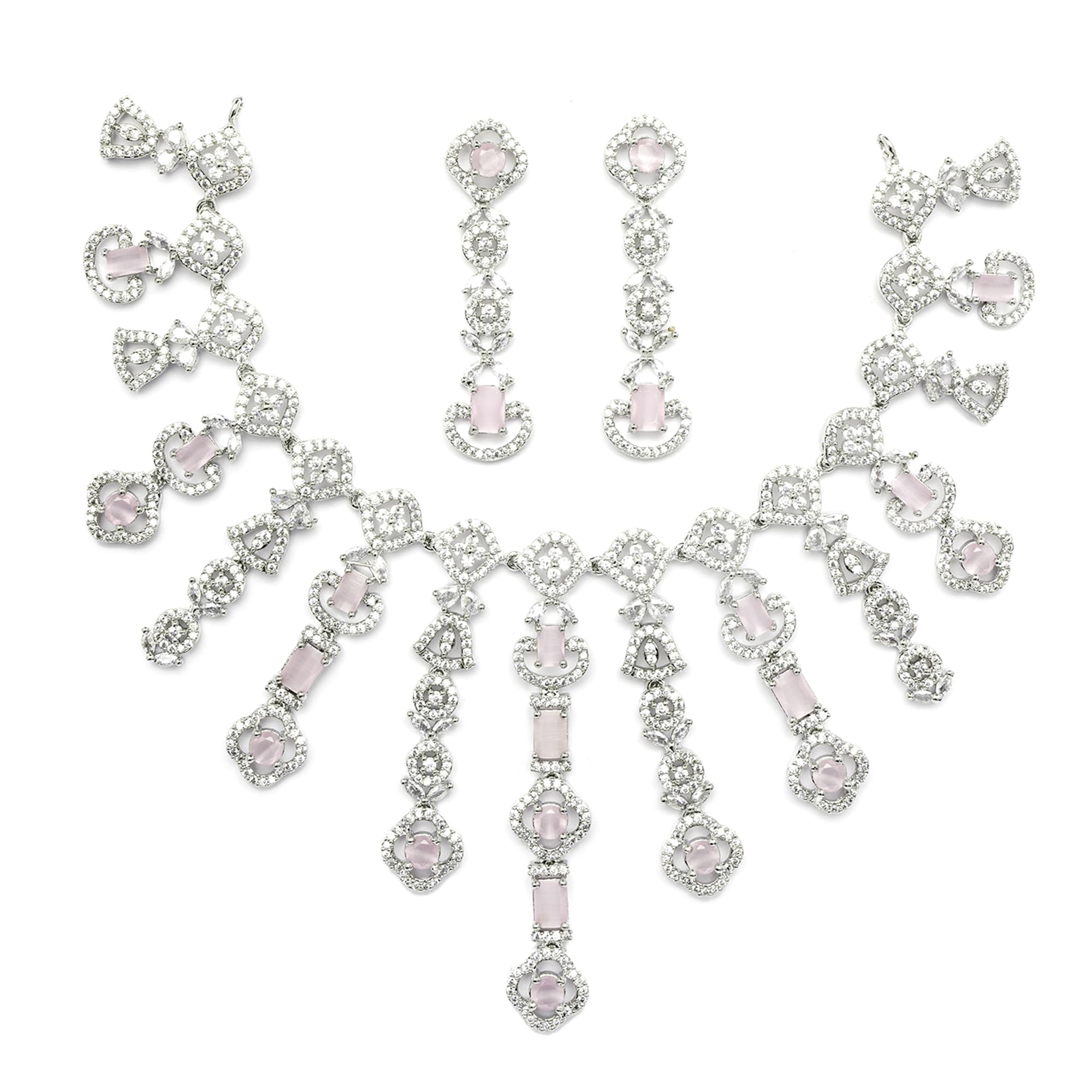 ZENEME Rhodium-Plated American Diamond Studded Floral Tasselled Necklace With Earrings Jewellery Set For Girls and Women (Pink) (B0CGRDWSMV) Amazon Price History, Amazon Price Tracker