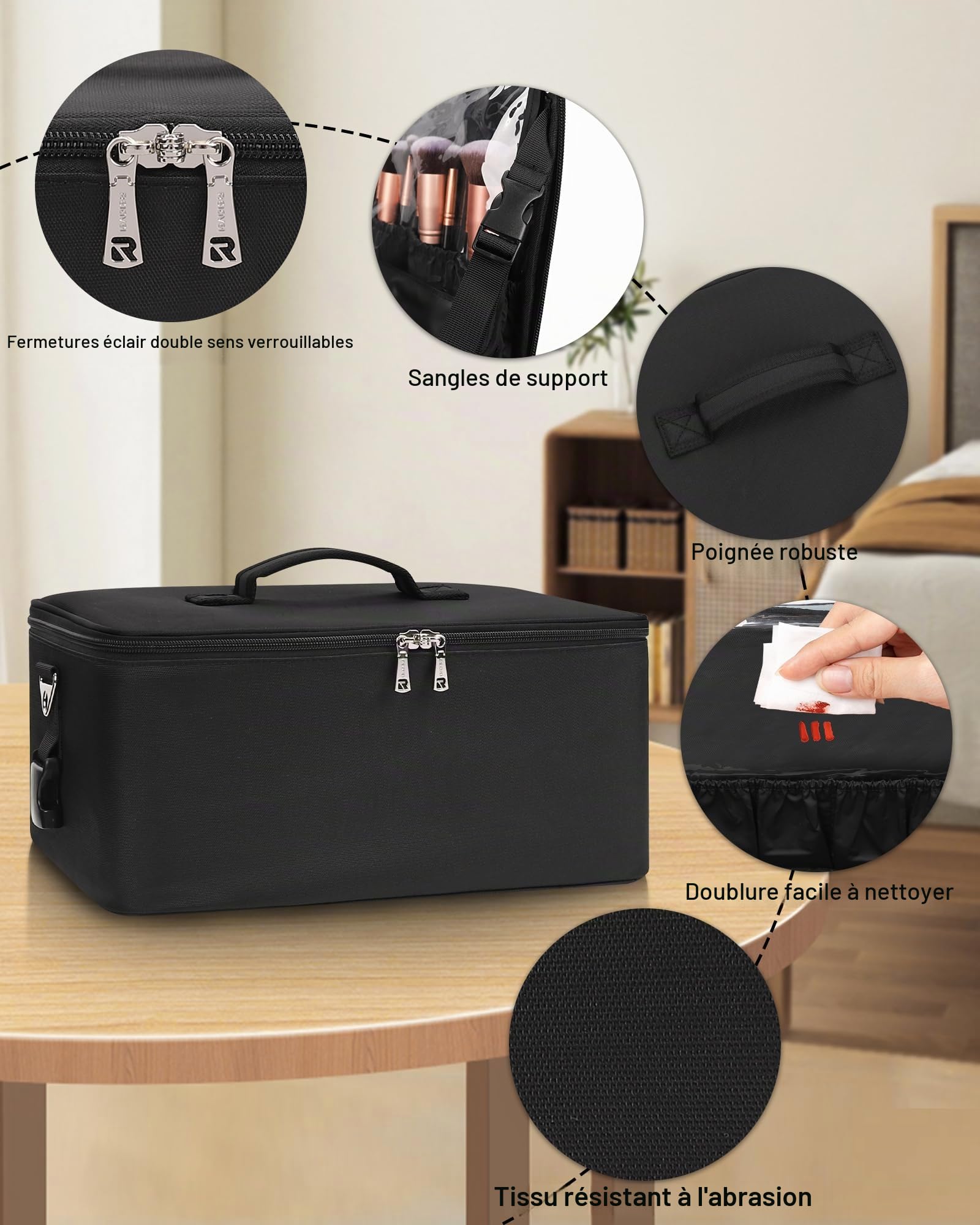 Grande trousse de maquillage professionnelle avec 3 organiseurs de rangement et plaque à lèvres pour artiste de maquillage avec bandoulière, Noir , A Set