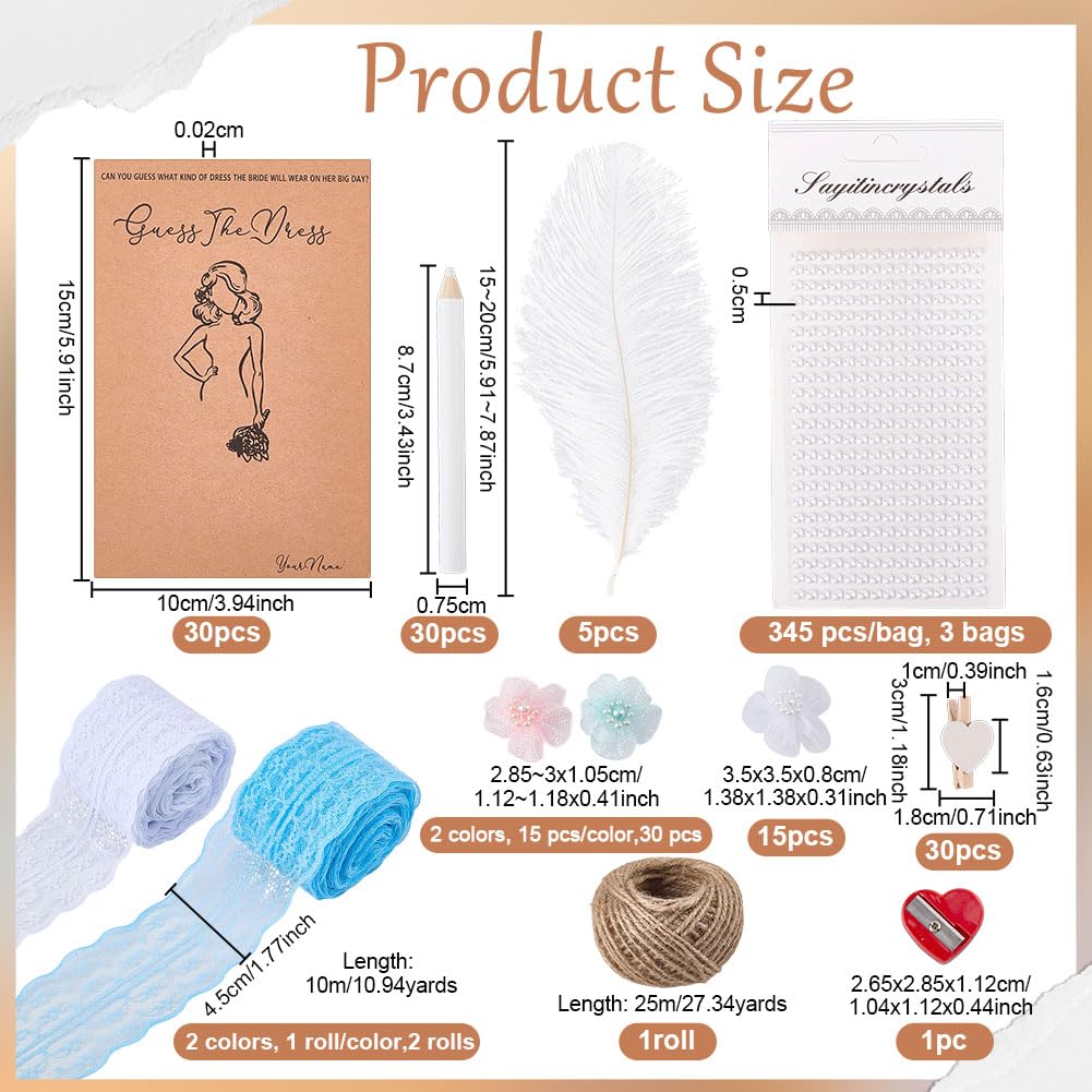 OLYCRAFT 30 set Guess the Dress Bridal Shower Games Fun Wedding Party Supplies Giochi Idee includono Wedding Shower Game Card Matita Pearl Sticker Clip Pizzo Trim Piuma Ornamento per Wedding Planners