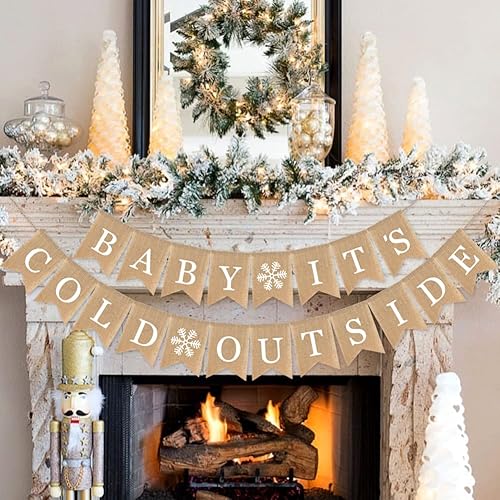 Miniatura 6 de Baby It's Cold Outside - Cartel de arpillera de yute con copos de nieve para invierno, guirnalda de baby shower, mantel de chimenea, decoración de
