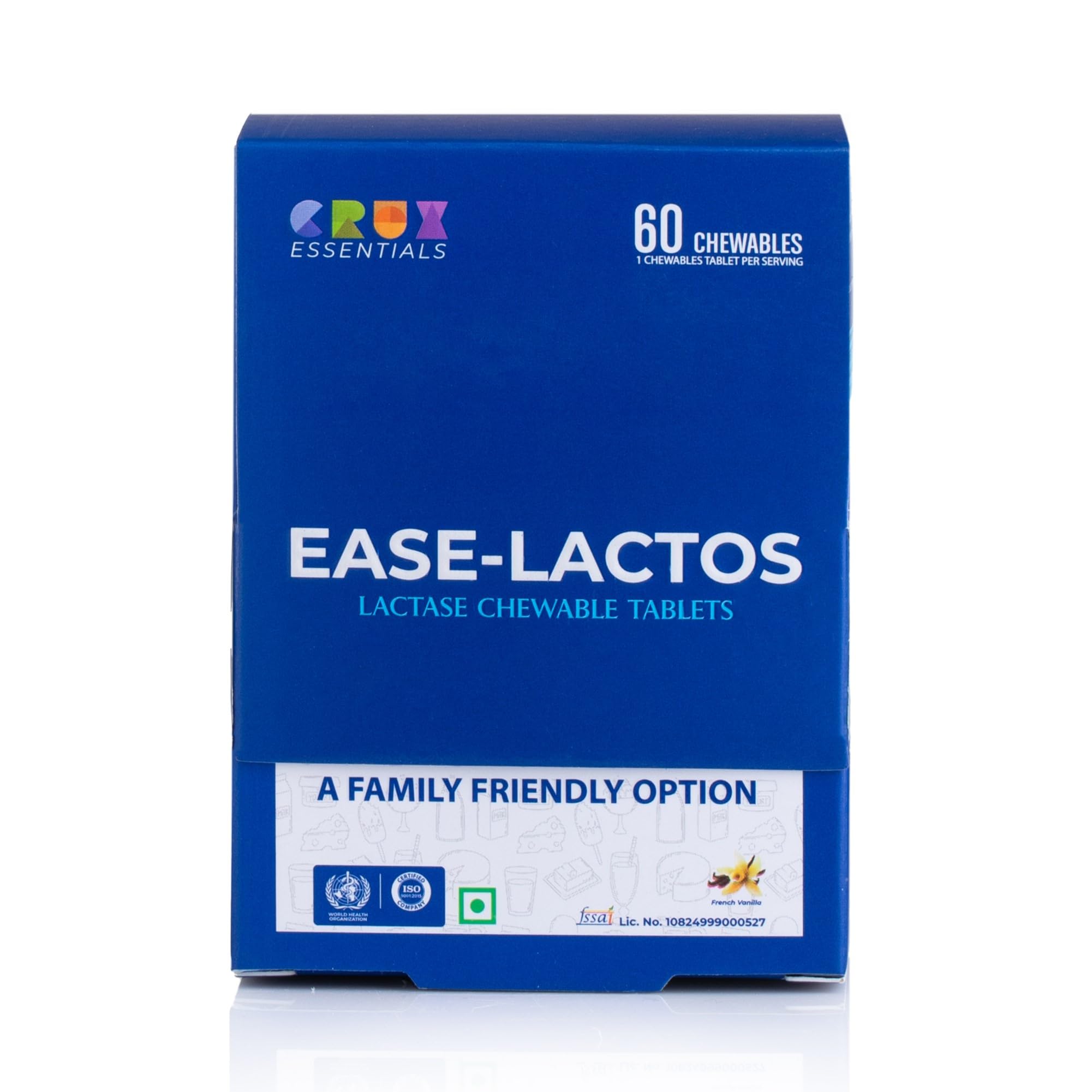 EaseLactos Lactase Chewable Tablets | 60 Chewable Tablets | Lactase Enzyme Supplement for Lactose Intolerant people | 9000 FCC Strength | Highly Effective | Prevents Gas, Bloating, Diarrhea | 100% Vegetarian | Suger Free | French Vanilla Flavour