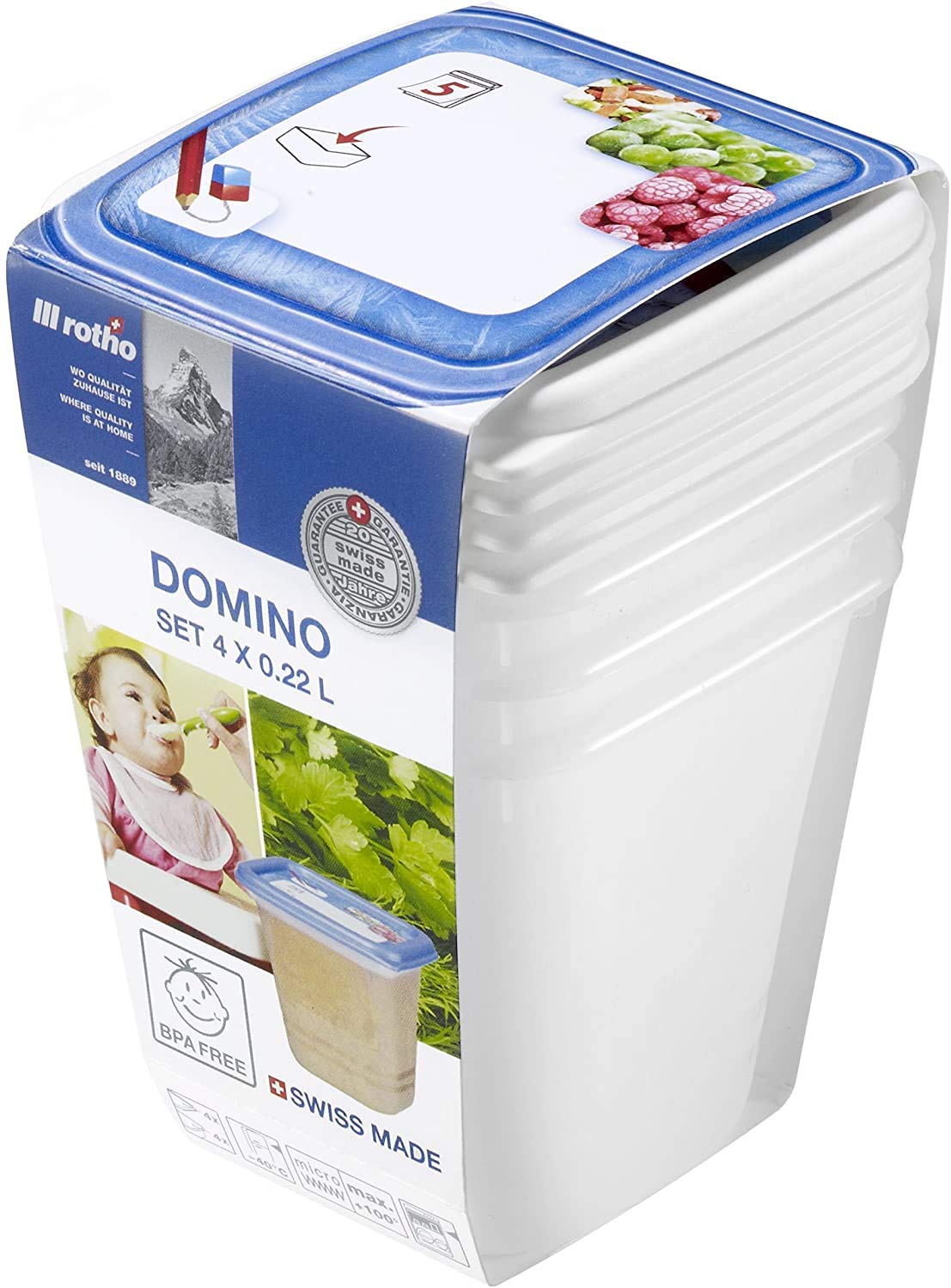 Rotho Domino 4er-Set Gefrierdose 0,22l mit beschreibbarem Motiv auf dem Deckel, Kunststoff (PP) BPA-frei, weiss, 4 x 0,22l (8,0 x 8,0 x 11,8 cm)
