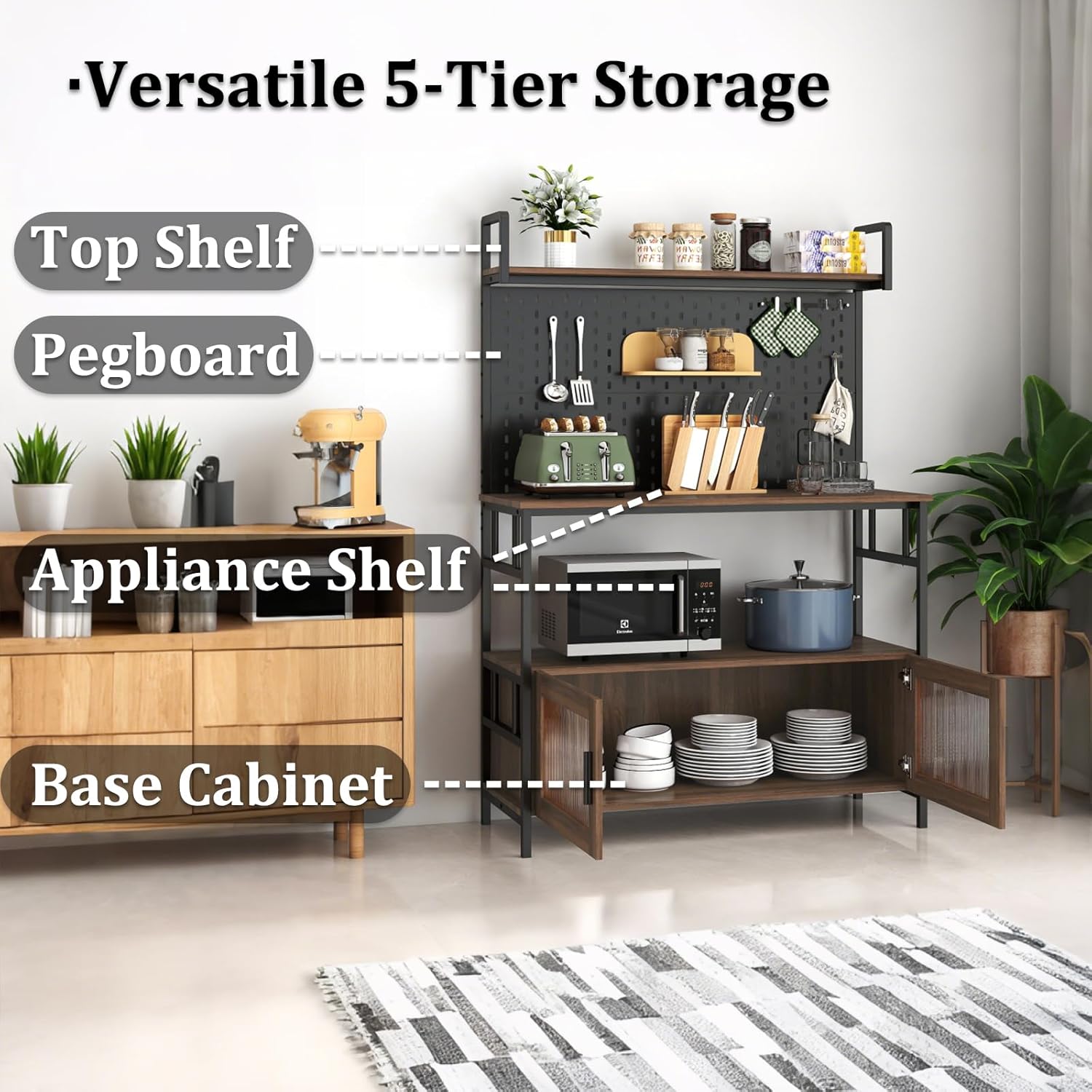 JOYSOURCE Baker Rack for Kitchen with Base Cabinet Storage Shelf & Pegboard 39 x 58 x 16'' Tall Rustic Standing Baker's Racks with Fluted Glass Door Large Microwave Stand Coffee Bar Wood Grain Finish