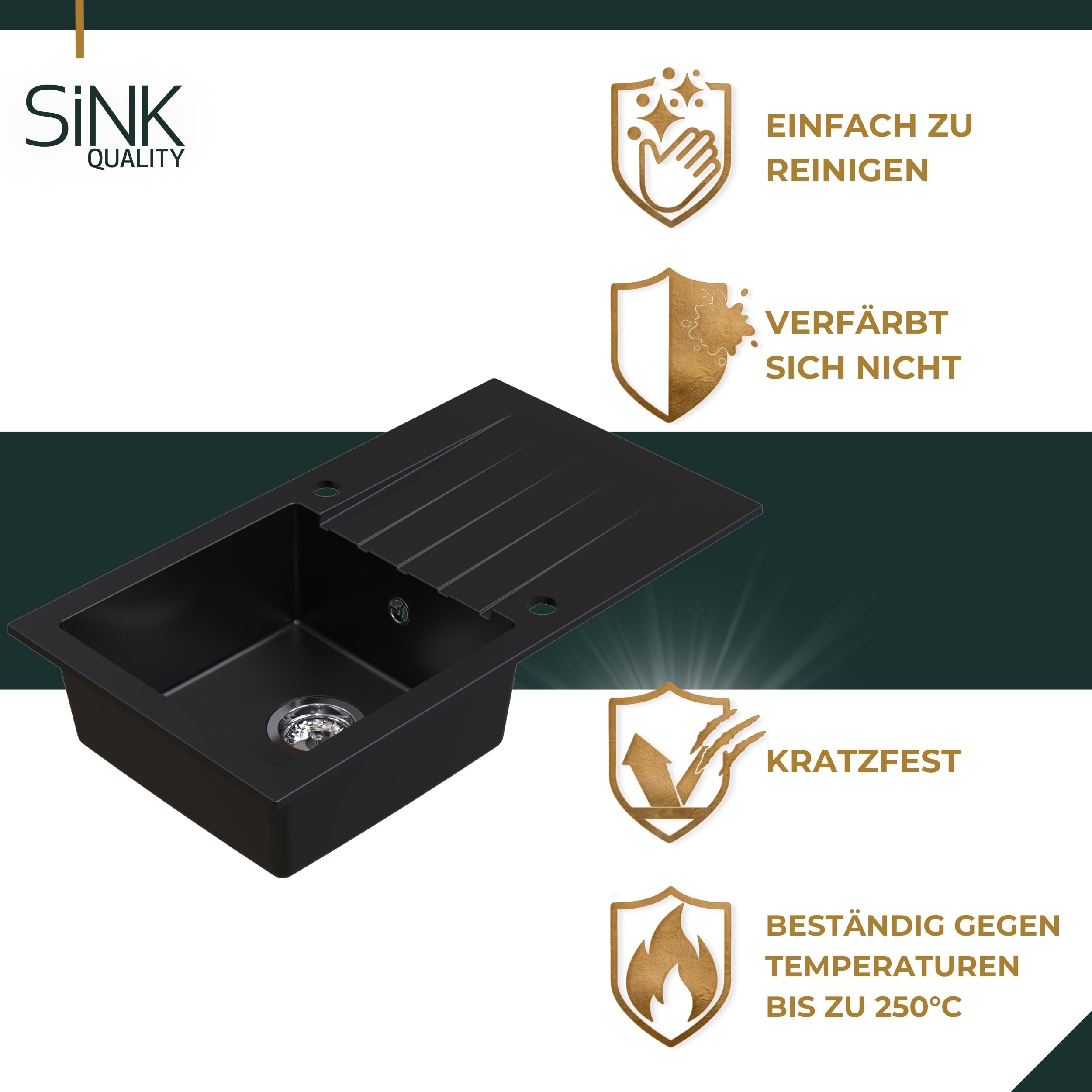 Granitspüle schwarz 77x43 cm Küchenspüle mit Abtropffläche Einbauspüle für 45er Unterschrank inkl. Exzenter-Siphon