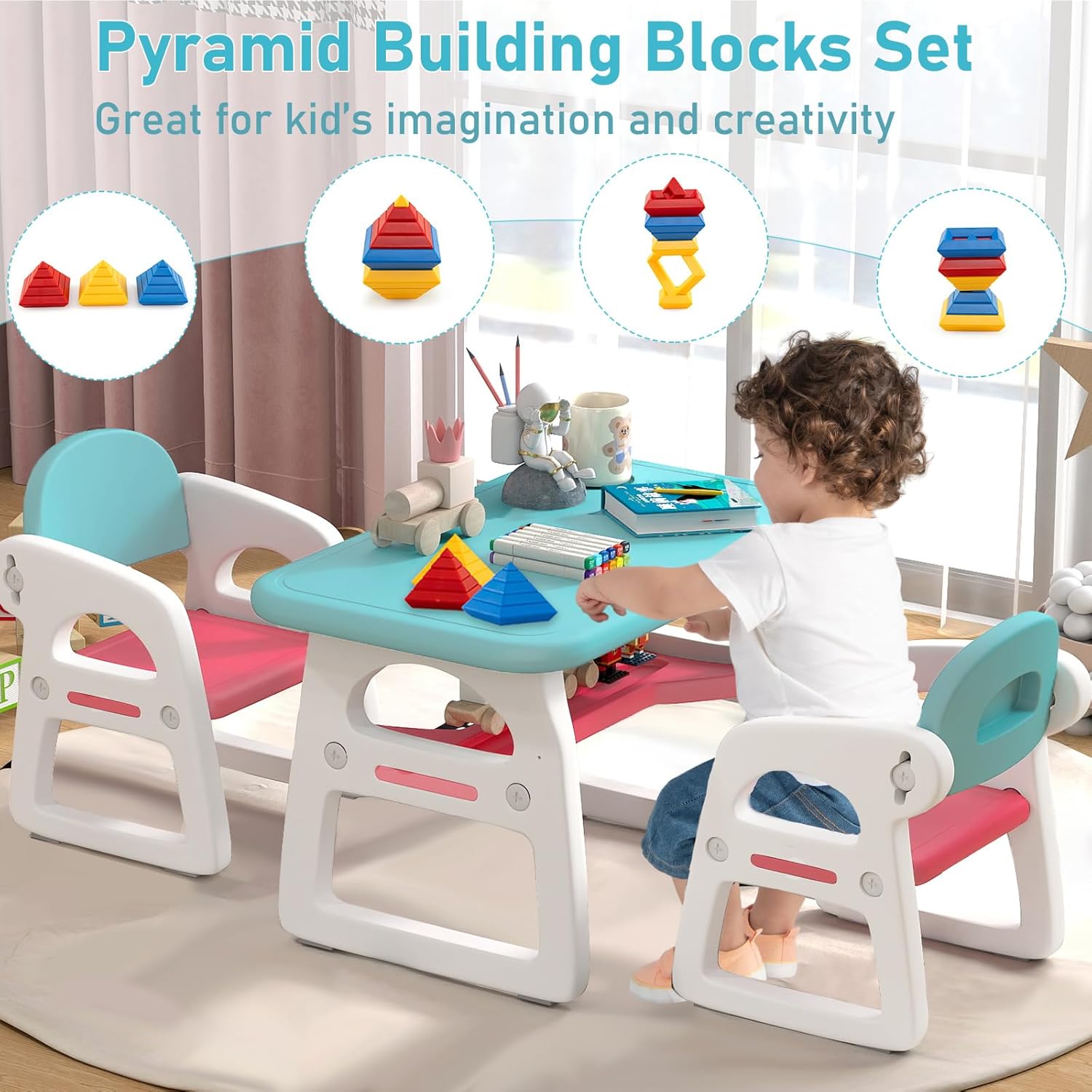 HONEY JOY Kids Table and Chair Set, Plastic Children Activity Table and 2 Chairs w/Building Blocks, Storage, for Art Craft, Toddler Table and Chair Set for Daycare Playroom, Gift for Boys Girls (Blue)