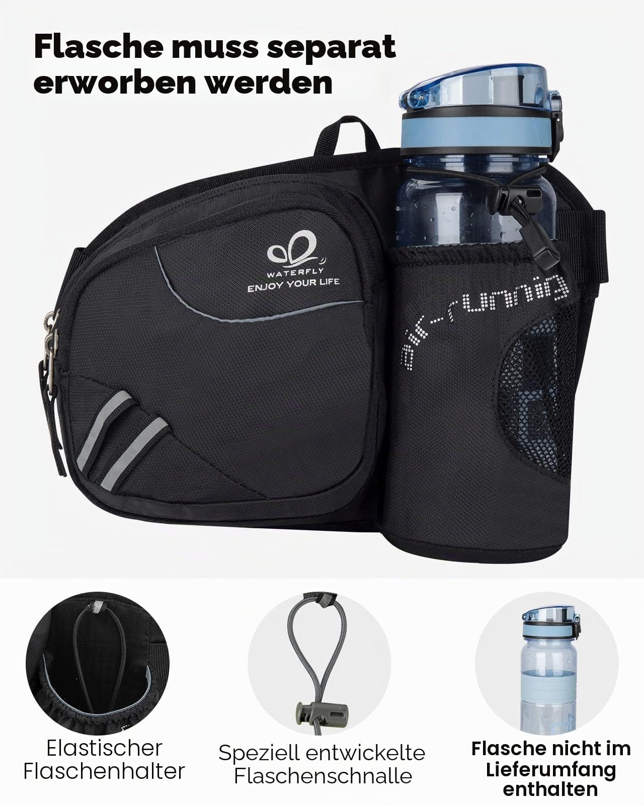 WATERFLY Gürteltasche Bauchtasche mit Flaschenhalter Damen und Herren, Atmungsaktiv Sport Hüfttasche für Laufen Radfahren Camping Klettern Reisen Wandern Joggen Hundetraining
