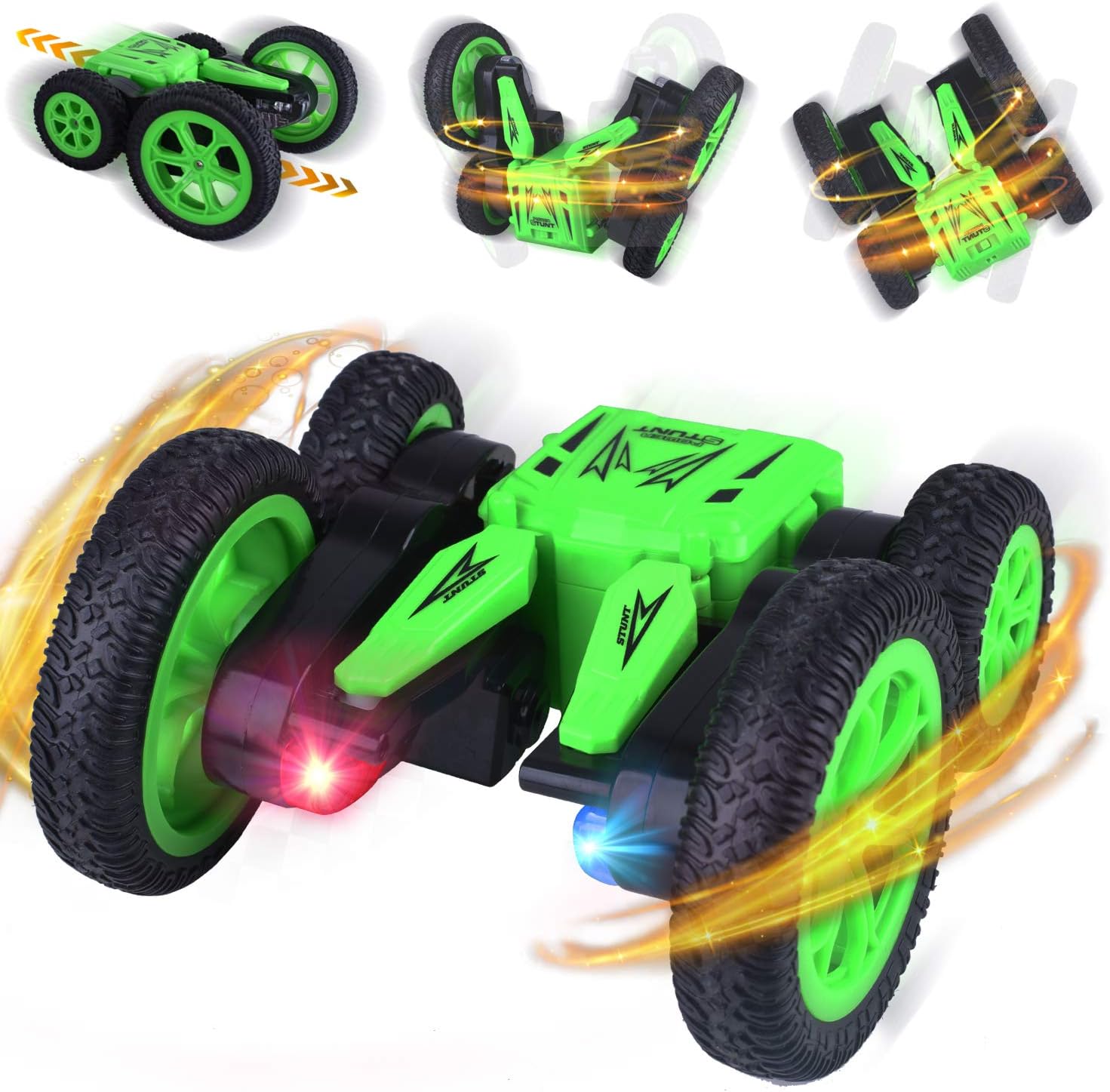 Longruner Remote Control Stunt Cars, 4WD 2.4Ghz 360° High-Speed Rotating Double-Sided Flips Rc Toys for Boy Girl, Birthday Gift for Kids Children Lq71, Set of 2 LED 129, Green