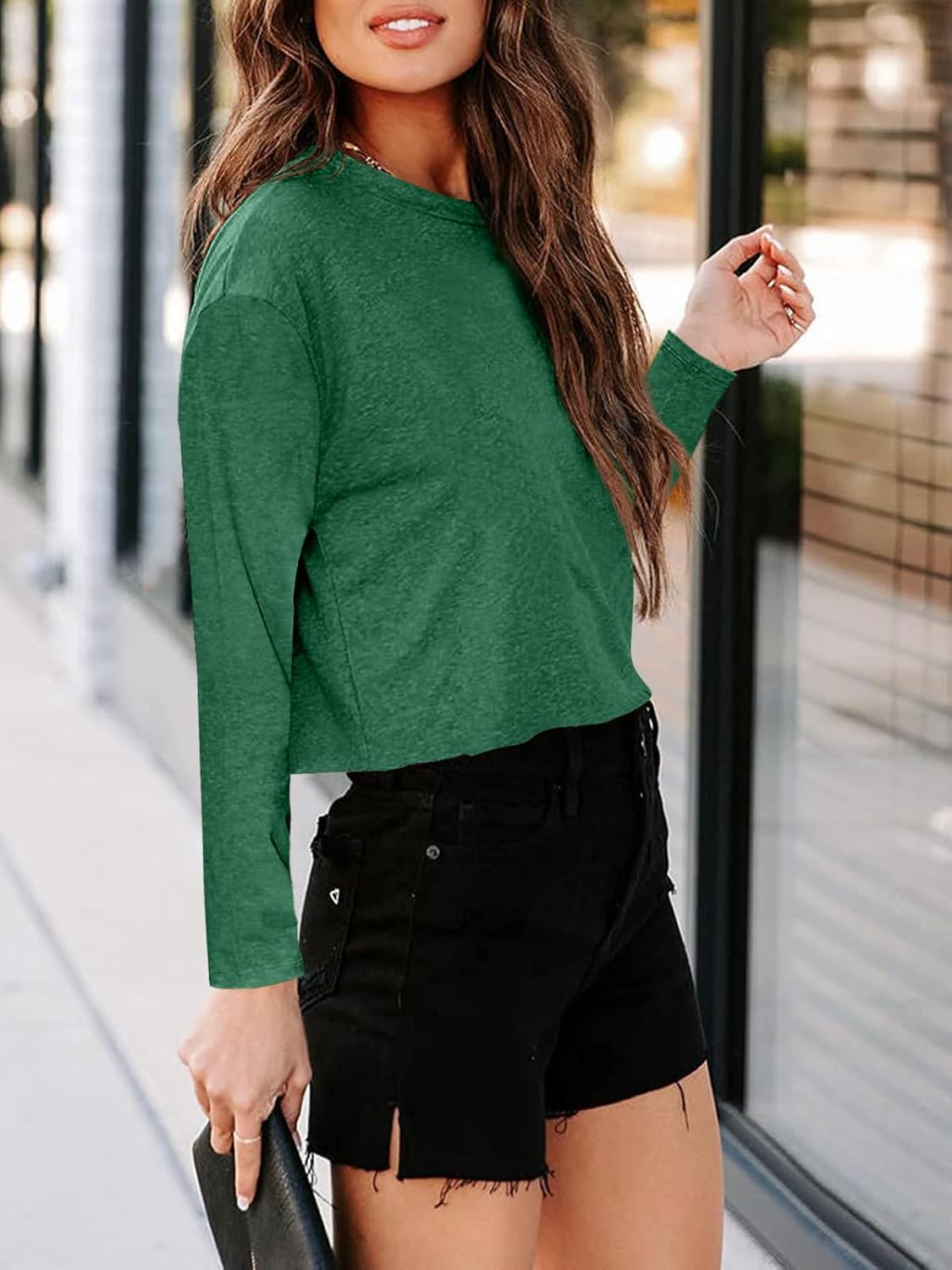 Tankaneo Women Long Sleeve Crop Tops Loose Crew Neck Cropped T-Shirts Drop Shoulder Casual Basic Tees L-Blue - Image 2