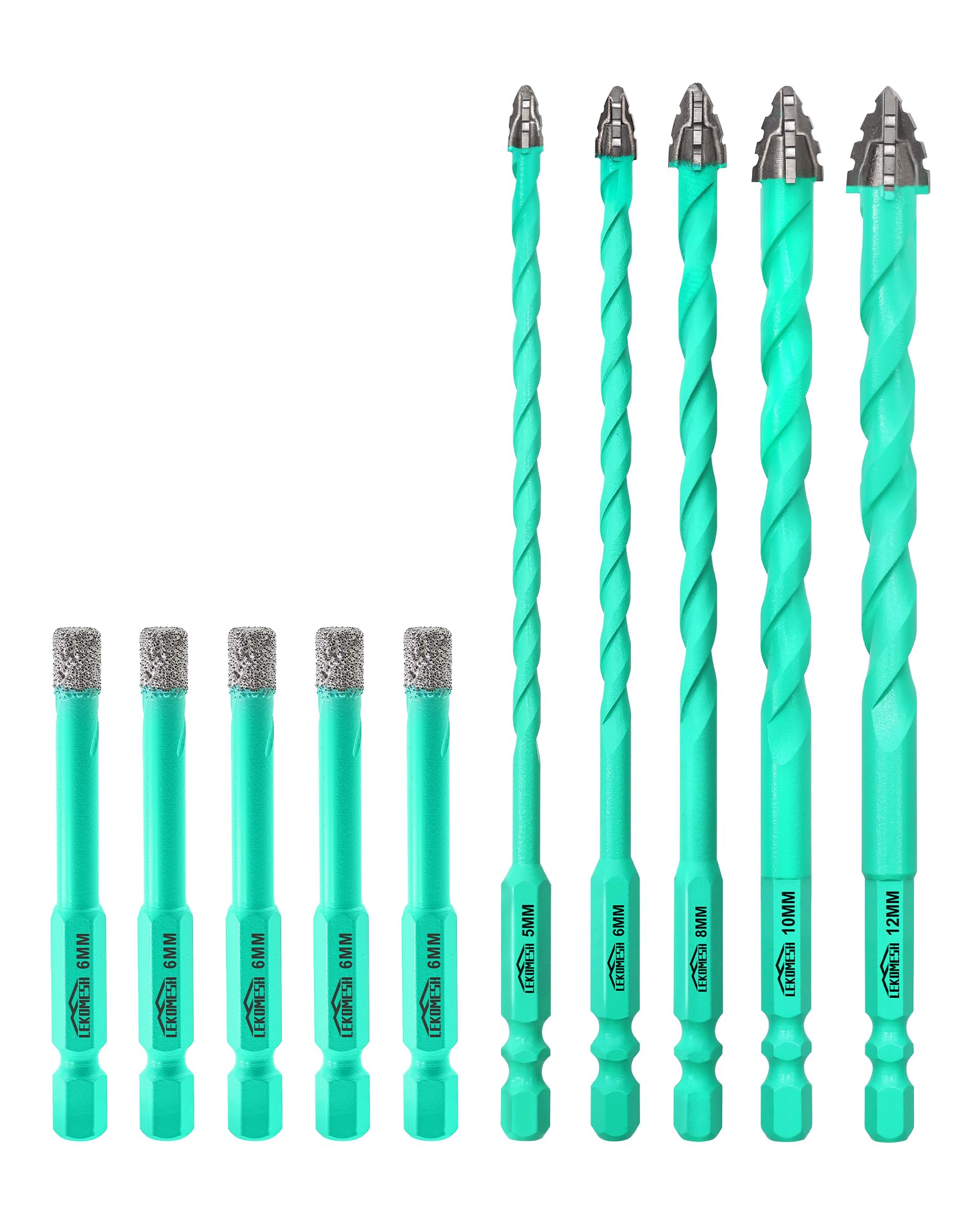 LEKOMESH Serrated Carbide Masonry Drill Bit Set - 5/6/8/10/12MM Bits & 6MM*5 Dry Drills for Wood,Plastic,Masonry,Brick,Tile,Glass,Concrete,10PCS