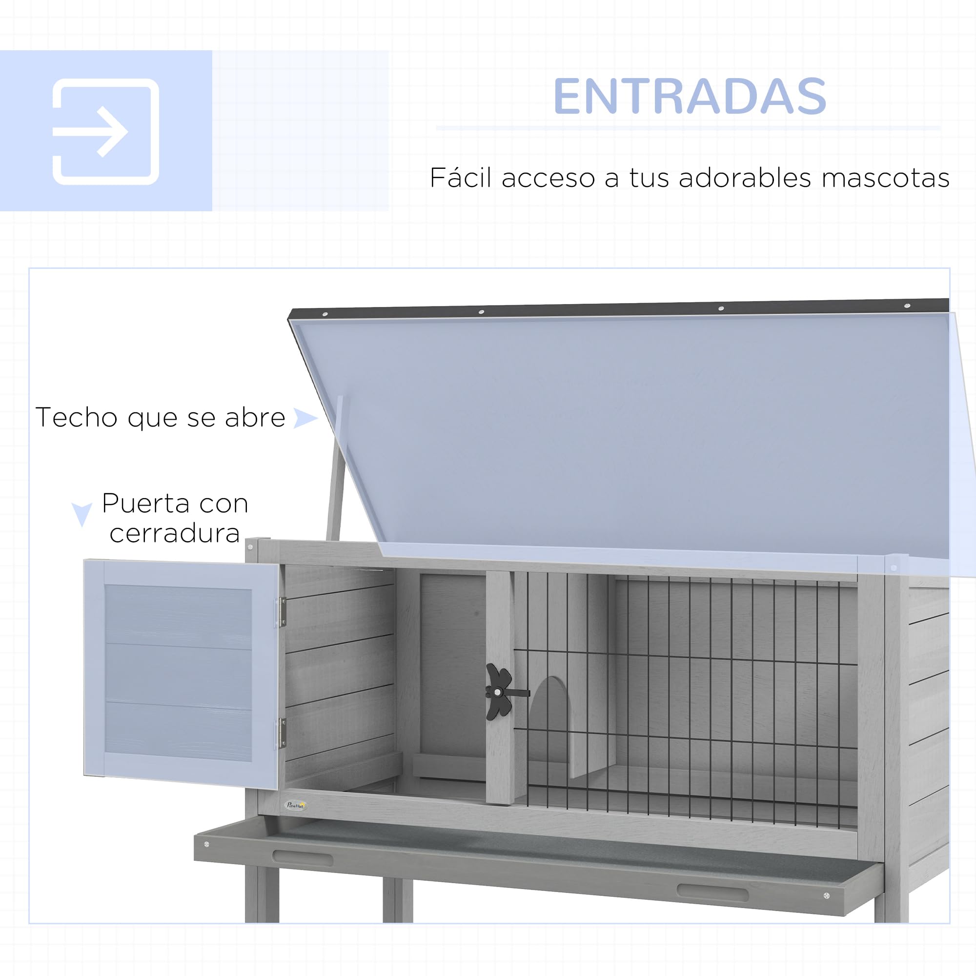 PawHut Conejera de Madera de Abeto Caseta Exterior Refugio para Animales Pequeños Conejos Cobayas con Techo Asfáltico y Bandeja Extraíble 84x43x70 cm Gris y Negro