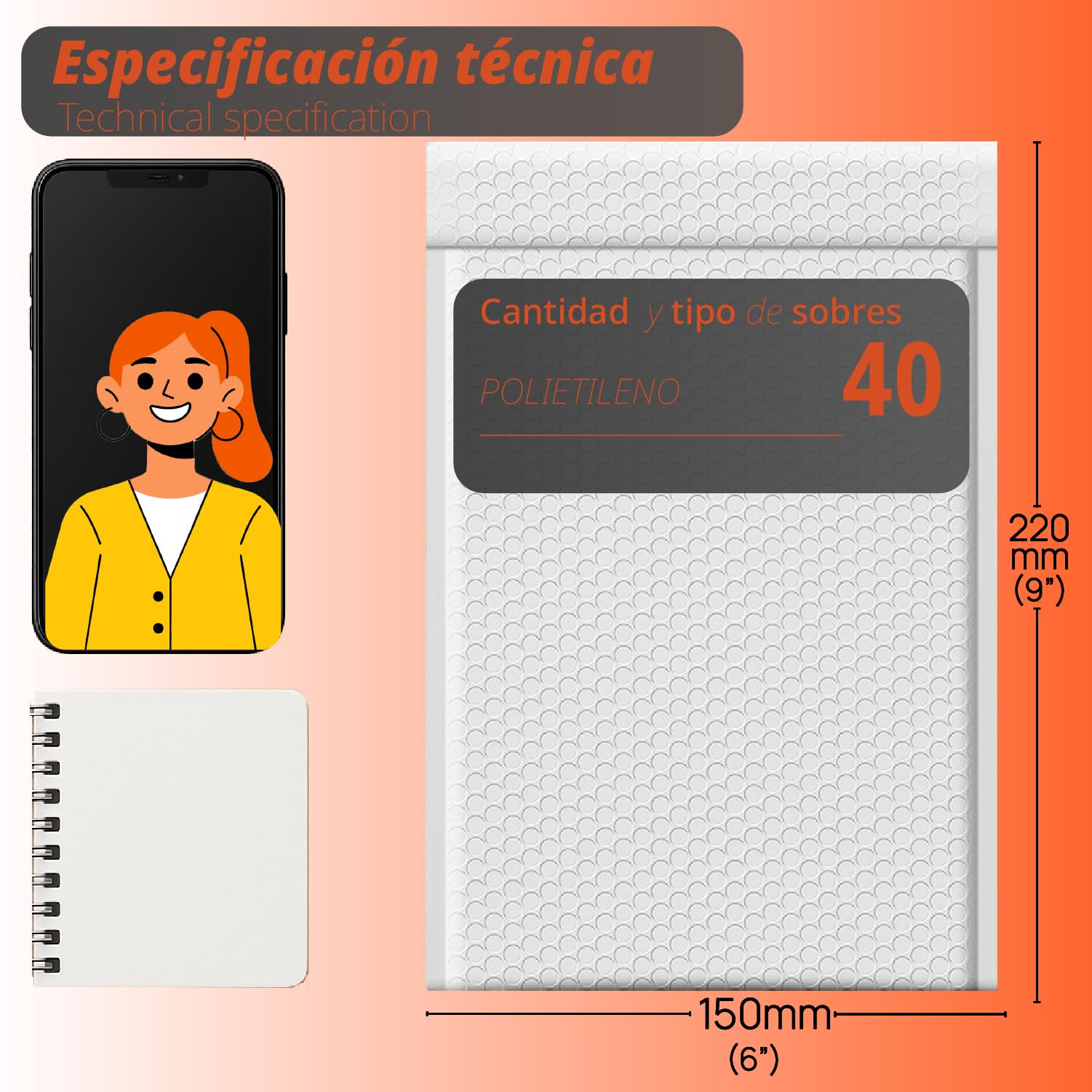 OFITURIA Sobres acolchados con burbujas 150x220 mm, polietileno blanco, sobres de envío con cierre adhesivo fuerte, resistentes al agua, ideales para ecommerce y oficina (40 uds)