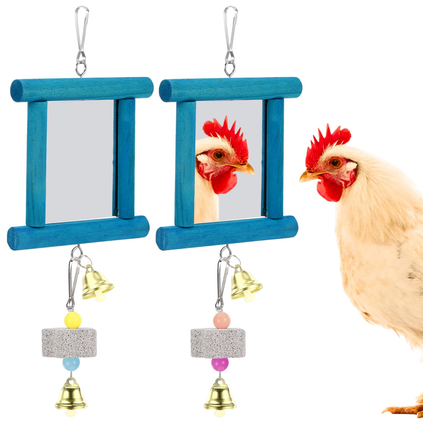 M METERXITY 1-Set Chicken Chewing Toy, 2 Chicken Mirror Toys with 2 Beak Grinding Volcanic Stones for Roosters/Hens/Parrot/Rat Hamster/Bunny/Birds [Blue] — image 1