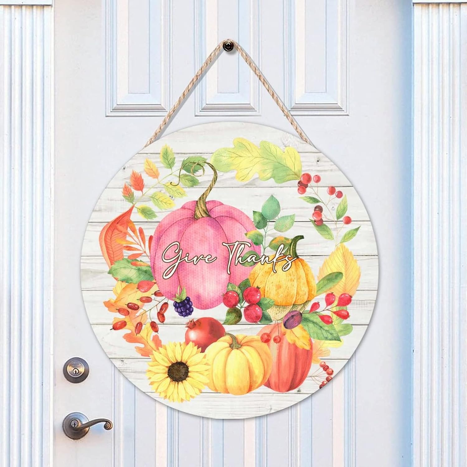 Floral Welcome Wall Hanging Sign Plaque, Give Thanks Welcome Wood Door Sign, Sunflower 16x16in Welcome Front Door Sign for Front Door Entryway Porch Bar Pub Farewell Party Housewarming Gifts