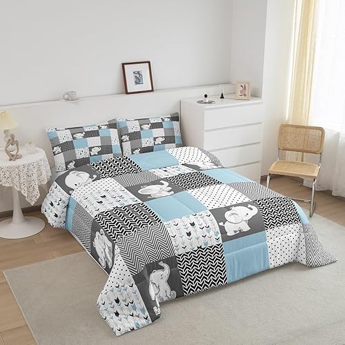 Miniatura 2 de Lindo edredón de elefante para niños y niñas, juego de edredón de cuadrícula azul, tamaño matrimonial, decoración del hogar, suave y encantador,