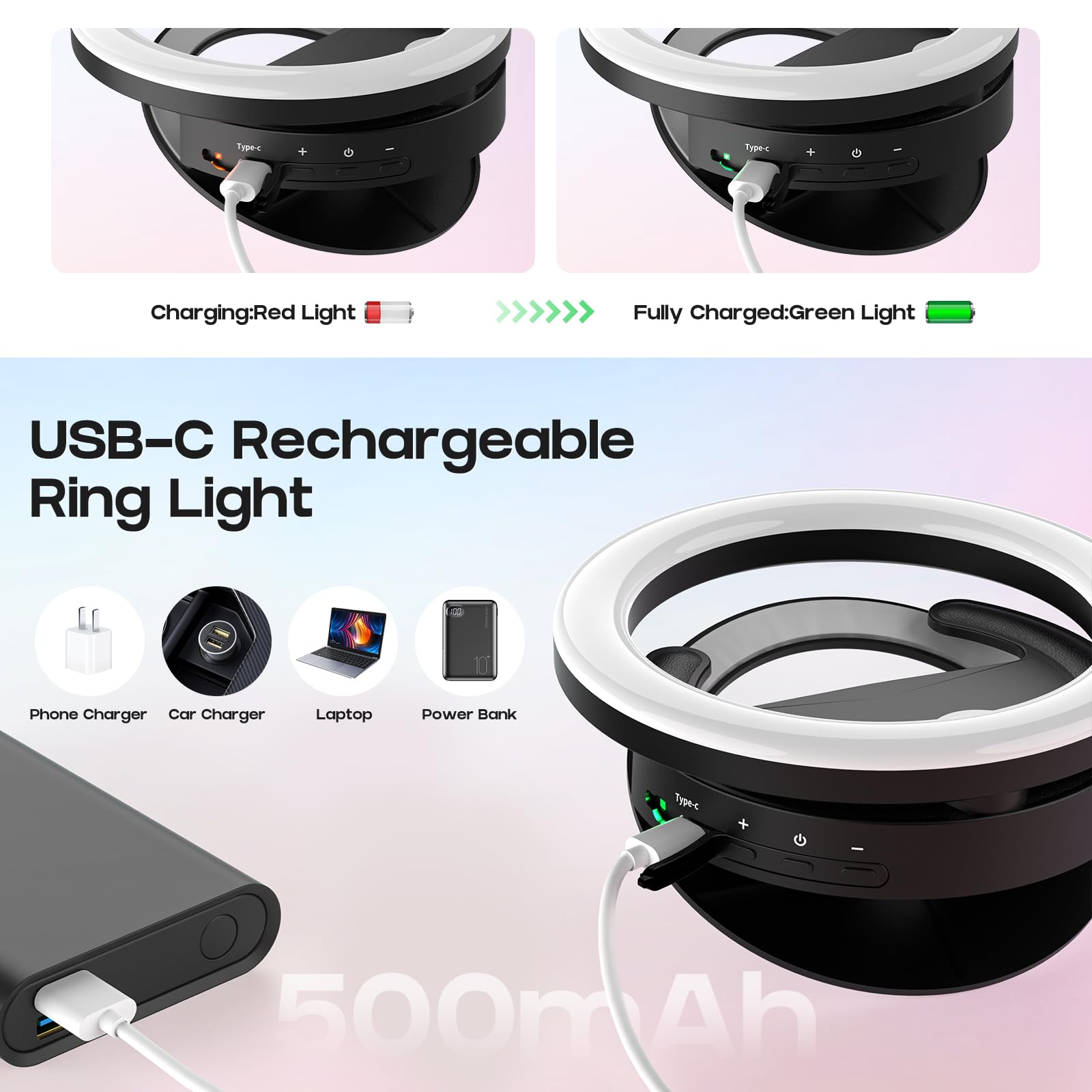 Luce Anello Selfie 10" Ricaricabile - 120 LED, 3 Modalità Luce, Con Treppiede, Per Telefono E Video - Foto 4