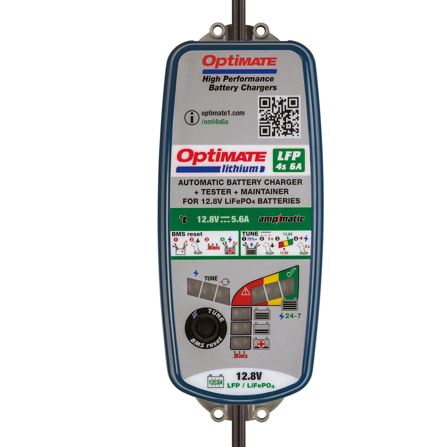 OptiMate Lithium 4s 6A 12,8V LiFePO4 Caricabatterie con Mantenitore – Sistema Automatico 10 Fasi Tecnologia Ampmatic – Sicuro Resistente – per Moto Auto ATV Scooter Acqua