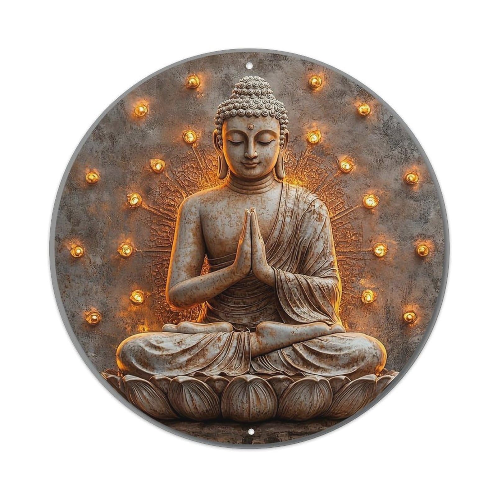 Buddha Statue With Lights Vintage Metal Tin Sign Retro Wall Decor for Home Bar Garage Cafe, Indoor & Outdoor Decorative，circle Metal Poster, 8x8 Inch