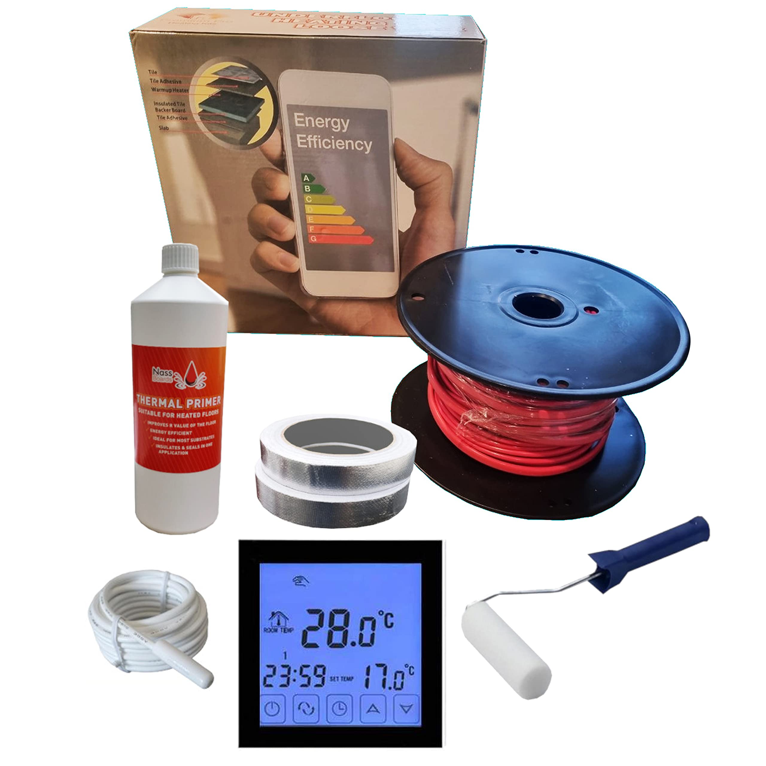 Nassboards Pro Elite Loose Cable Electric Underfloor Heating System 200w - Touch Screen Thermostat with Installation Kit & Instructions for Carpet, Tiles, Laminate, Wood, Concrete