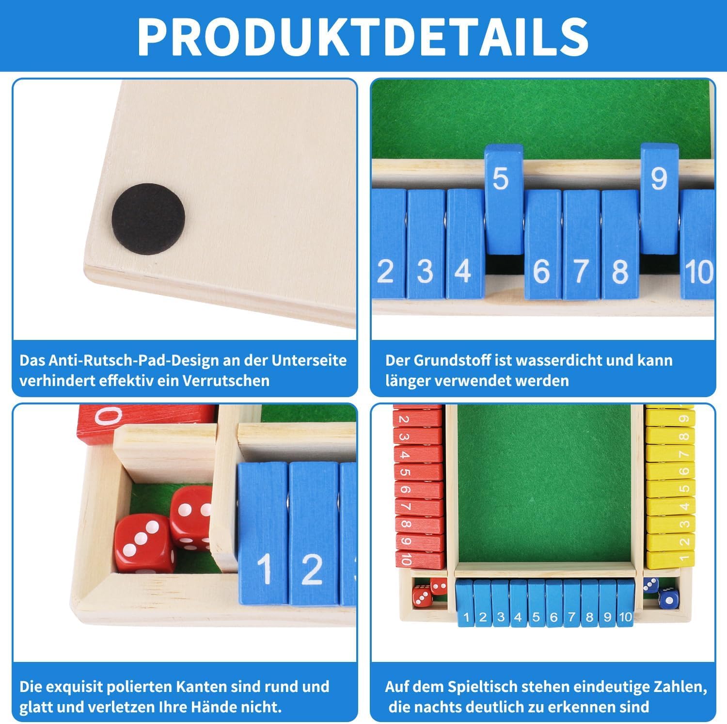 Shut the Box in Legno 2-4 Giocatori - Gioco da Tavolo Con 8 Dadi per Matematica - Set Completo per Bambini, Adulti, Famiglia o Bar