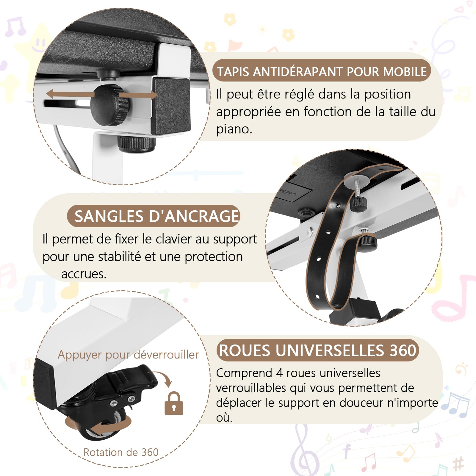 OUUTMEE - Soporte universal para teclado para piano electrónico, 54-88 teclas | 4 ruedas cerradas, altura ajustable (55-87 cm) y anchura (56,5-90,5 cm), estilo Z resistente, blanco