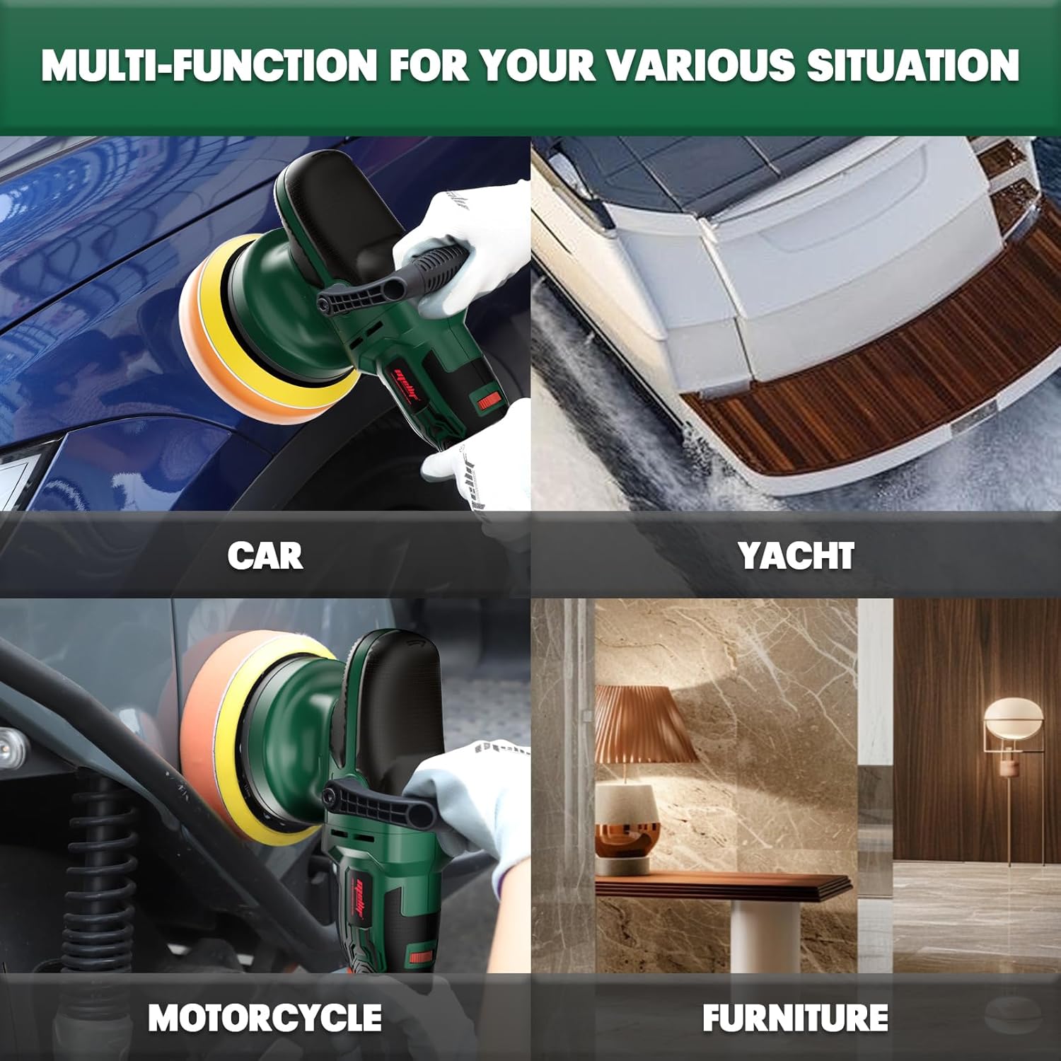 Mellif Polisher shown in various application scenarios: car, yacht, motorcycle, and furniture, demonstrating its multi-functionality.