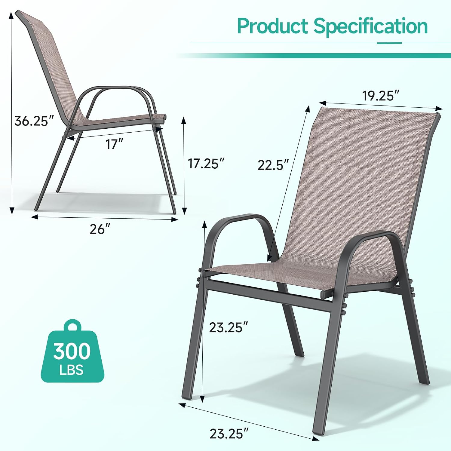 Patio Chairs Outdoor Dining Chairs Set of 4, Stackable All Weather Dining Chairs Set, Heavy Duty Patio Furniture Chair with Curved Back Bar & Rustproof Steel Frame for Deck, Garden, Pool, Brown