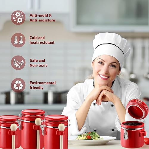 Miniatura 5 de Yuxung Juego de 8 recipientes de cerámica para cocina, color rojo, recipientes herméticos para almacenamiento de alimentos con cuchara de madera y