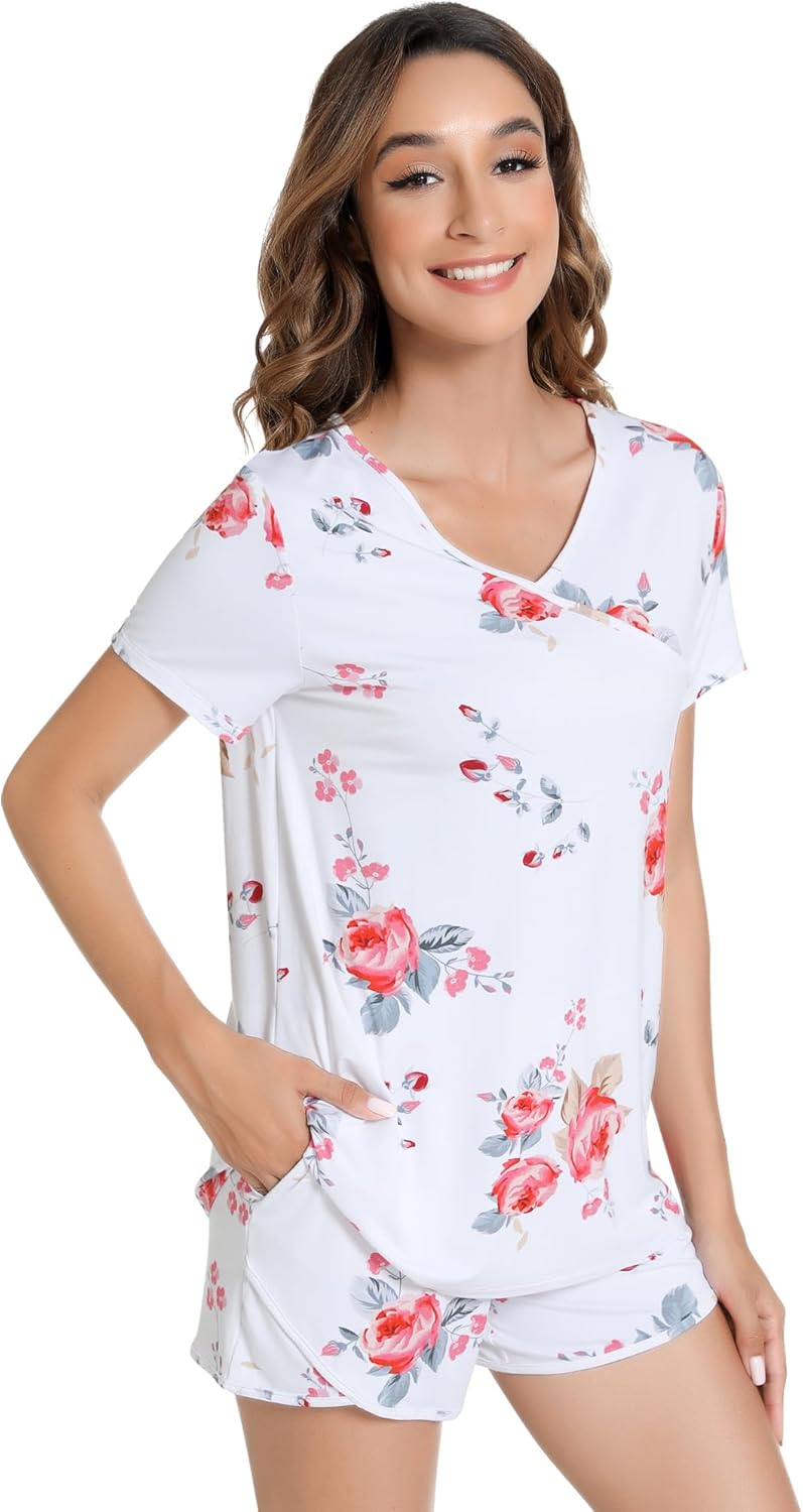 NACHILA Pajamas for Women-Viscose Made from Bamboo, Pjs Short Sleeve Sleepwear V Neck Loungewear Soft Pajama Sets - Image 3