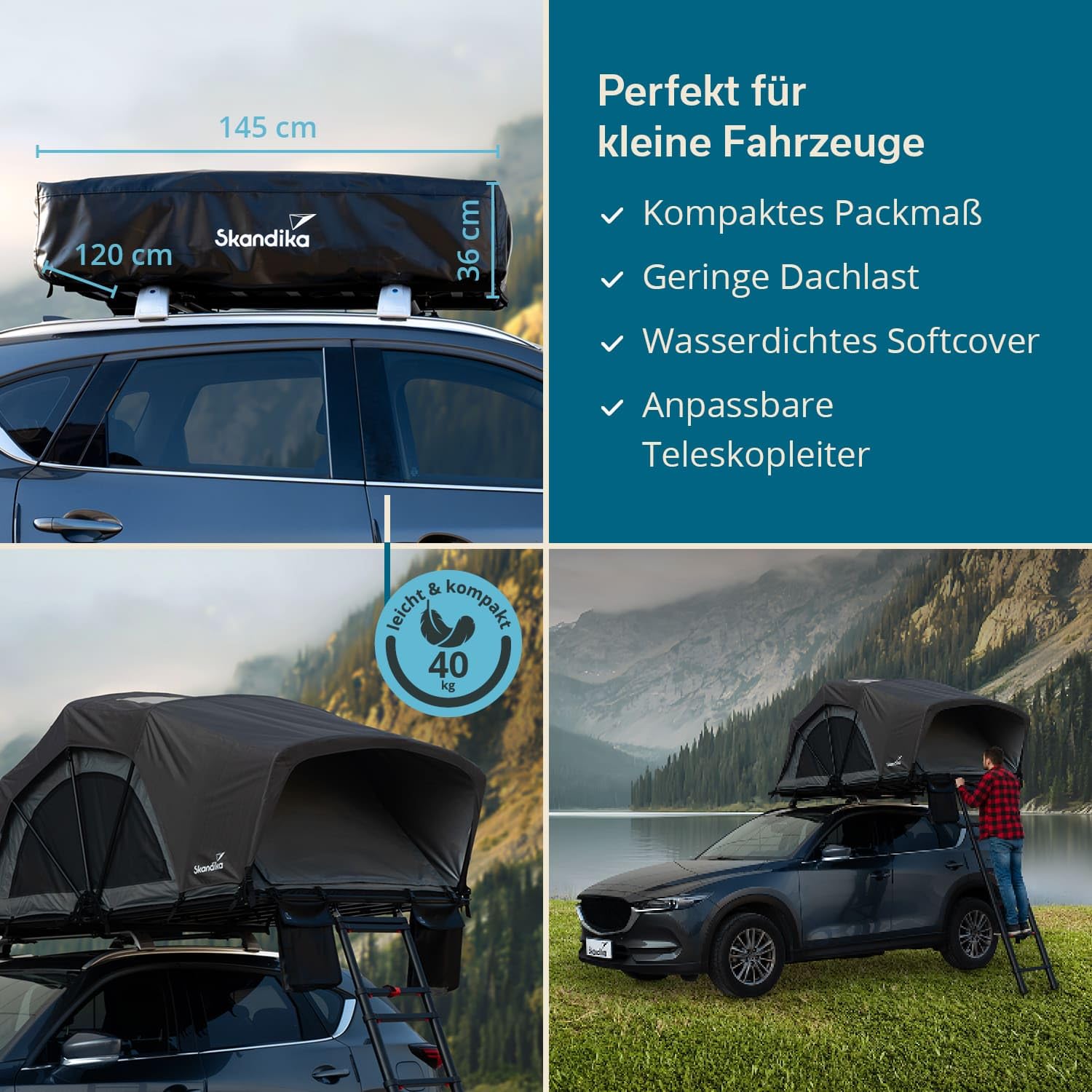 Skandika Dachzelt Skyland 2 Sleeper | Autodachzelt für 2 Personen, Autozelt mit Matratze, Schwarze Schlafkabine, feuerhemmend, wasserfest 6000 mm, mit Moskitonetz, UPF 50+ | Auto Zelt für PKW SUV Bus