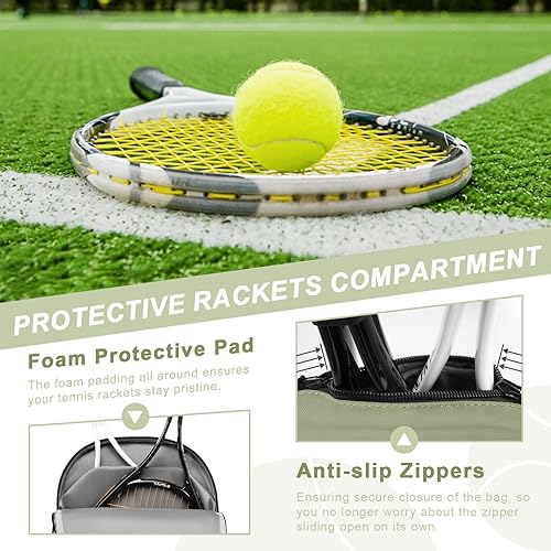 Miniatura 4 de Bolsa de tenis con capacidad para 2 raquetas, bolsas de tenis profesionales para mujeres, mochila de tenis con compartimento ventilado para zapatos