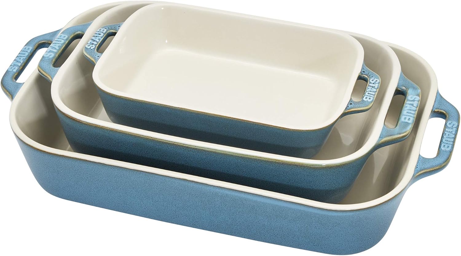 STAUB Ceramic 3-pc Rectangular Baking Dish Set, Rustic Turquoise - Thumbnail 3