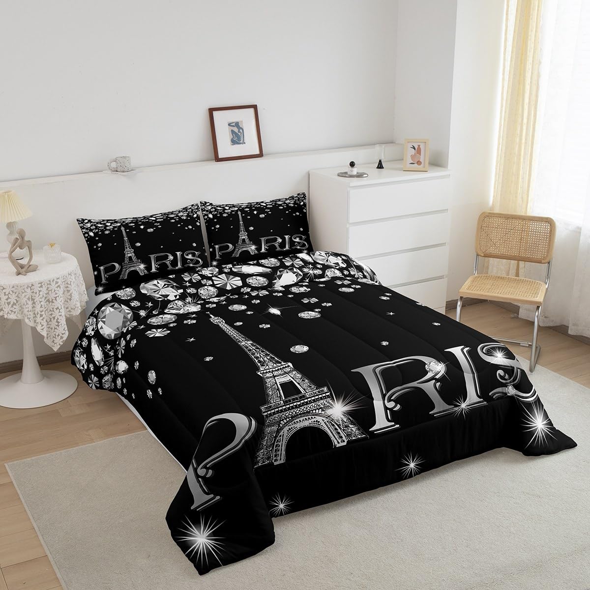 Erosebridal Paris Bedding Set for Girls Teens,Eiffel Tower Queen Comforter Set,Black White Sparkles Sequins Down Comforter,Not Real Diamond Bed Set with 2 Pillowcases for Bedroom