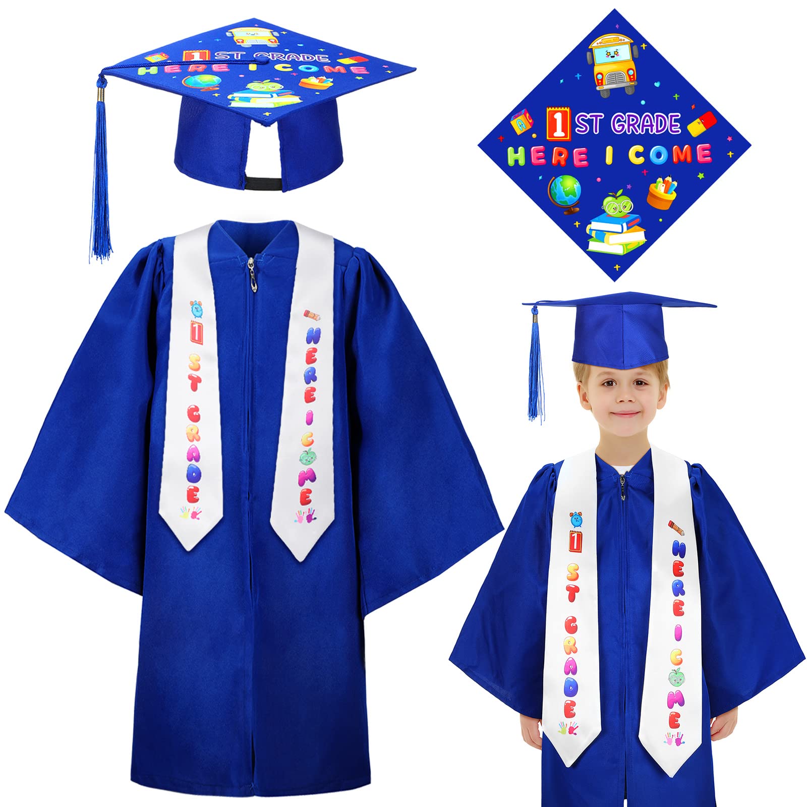 Hoolerry 3 Pieces Kindergarten Graduation Blue Cap and Gown with Tassel Stole 1st Grade Here I Come Stole for Kids Graduation, 3'-3'9" Height, S