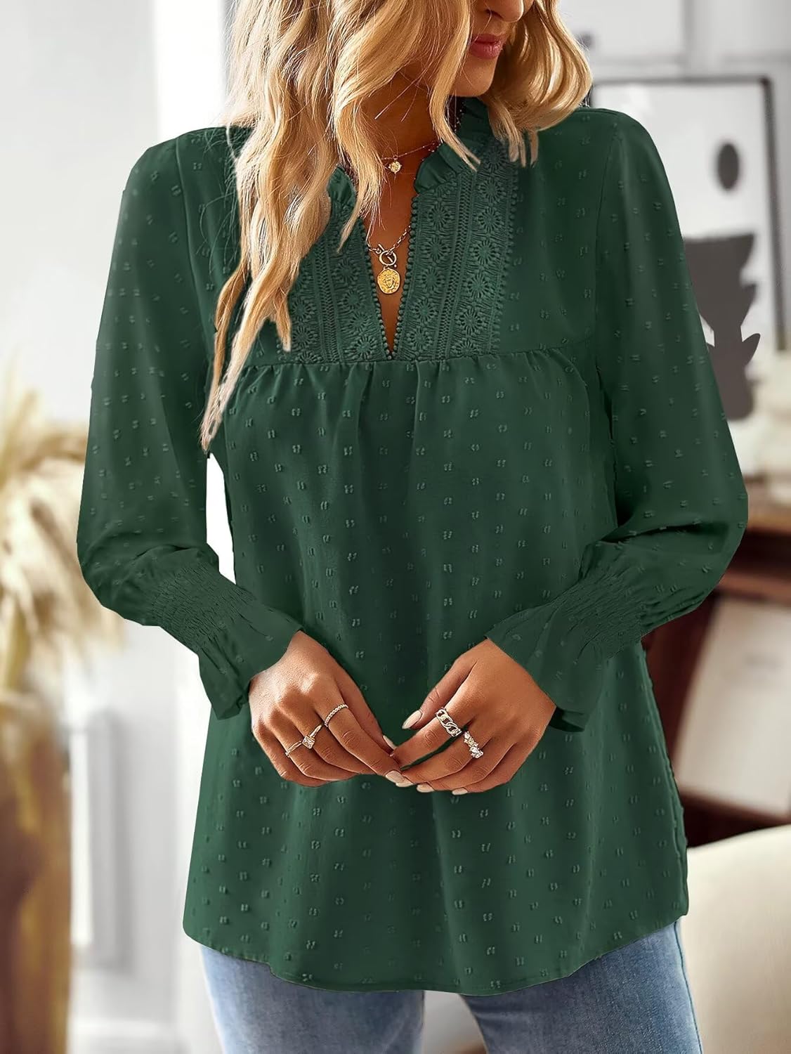 Boho Tops for Women V Neck Blouses Flowy Swiss Dot Dressy Casual Lace Womens Long Sleeve Shirts Trendy 2026 - Image 5
