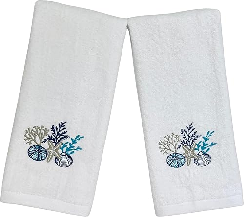 Miniatura 2 de Toallas de mano suaves y absorbentes de verano para invitados costeros diseño de conchas de verano y vida marina de coral, 2 piezas Antigua