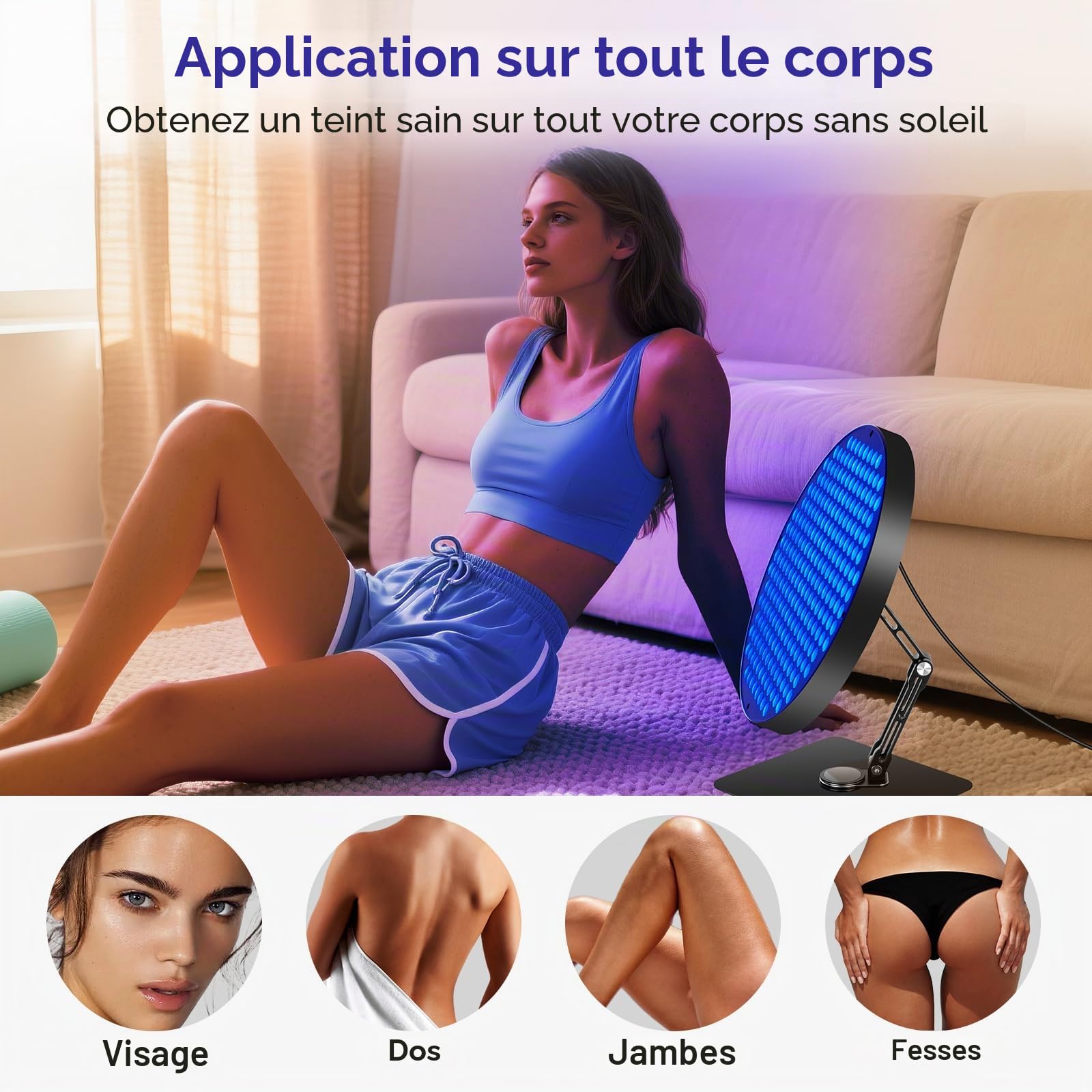 Lampe de Bronzage 50W Solarium Facial 250 LEDs UV Visage Corps avec Minuterie Noir