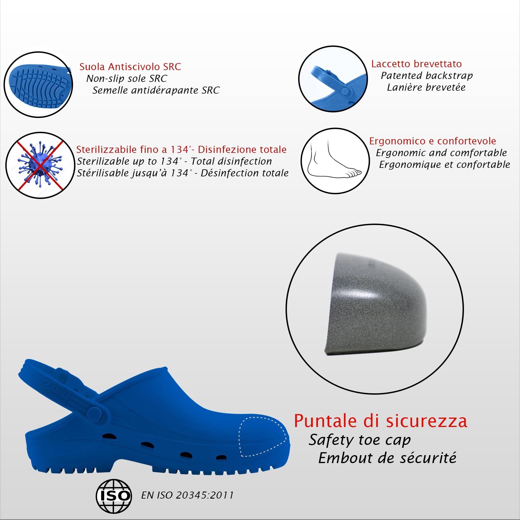 REPOSA Safe - Zuecos Sanitarios Mujer y Hombre en Goma, Zapatos Sanitarios Anatómicos con Correa Trasera Ajustable, Suela Antideslizante, Puntera de Seguridad, Zuecos Enfermera Antishock Transpirables