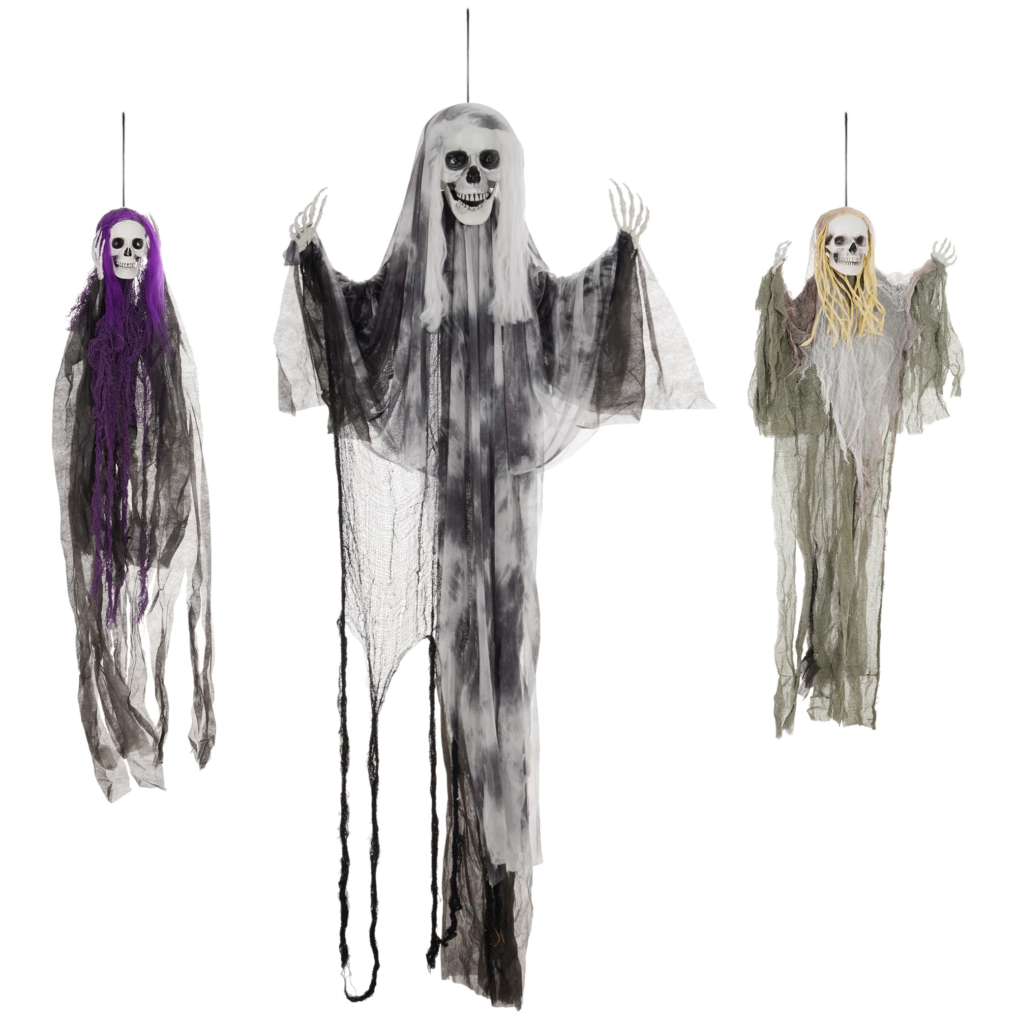 Homcom Unisex Multicolor Set Of 3 Hanging Skeleton, Flying Ghost Halloween Decorations