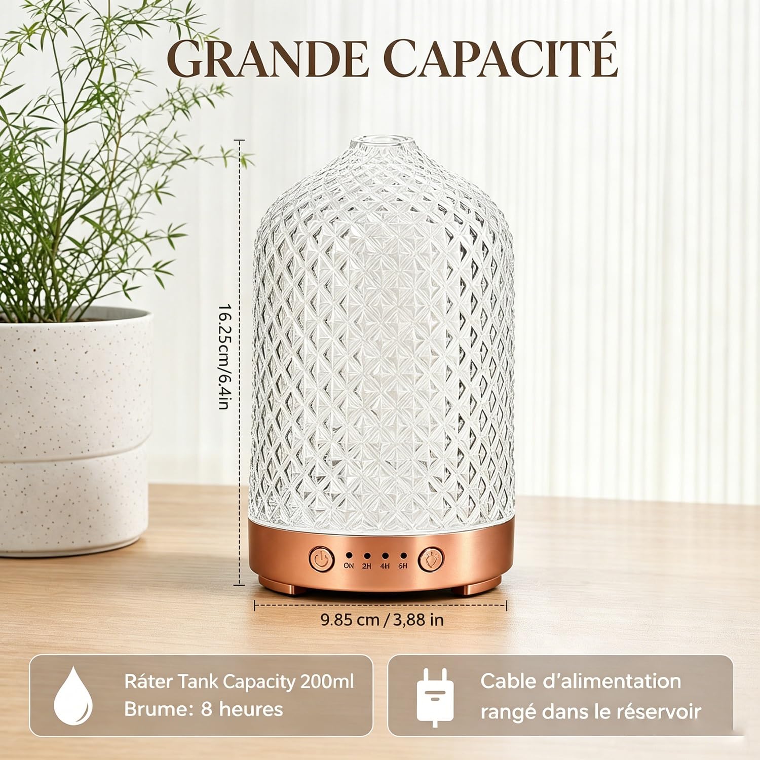 Diffuseur d'huiles essentielles électrique aromathérapie Diffuseurs d'arômes en Verre 200ml Humidificateur avec arrêt Automatique, 7 lumières LED, ultrasonique Silencieux pour la Maison Bureau Cadeau