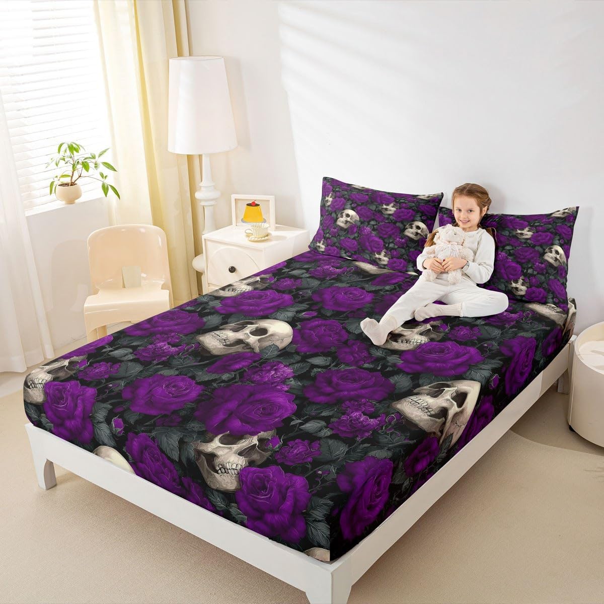 Erosebridal Sugar Skull Bedding Set Halloween Goth Fitted Sheet Full Size for Adults Men Women,Purple Retro Rose Flowers Bed Sheets Spooky Skeleton Skull Bed Cover 2 Pillow Cases