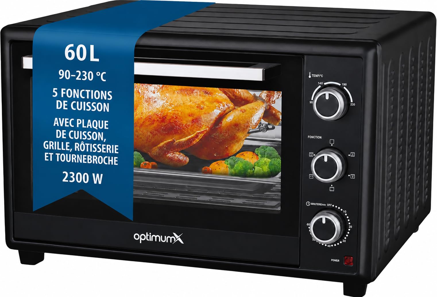 OptimumX Four Électrique 60L XXL à Chaleur Tournante, 2200W, Tournebroche, Lumière Intérieure, 40–230°C, Noir