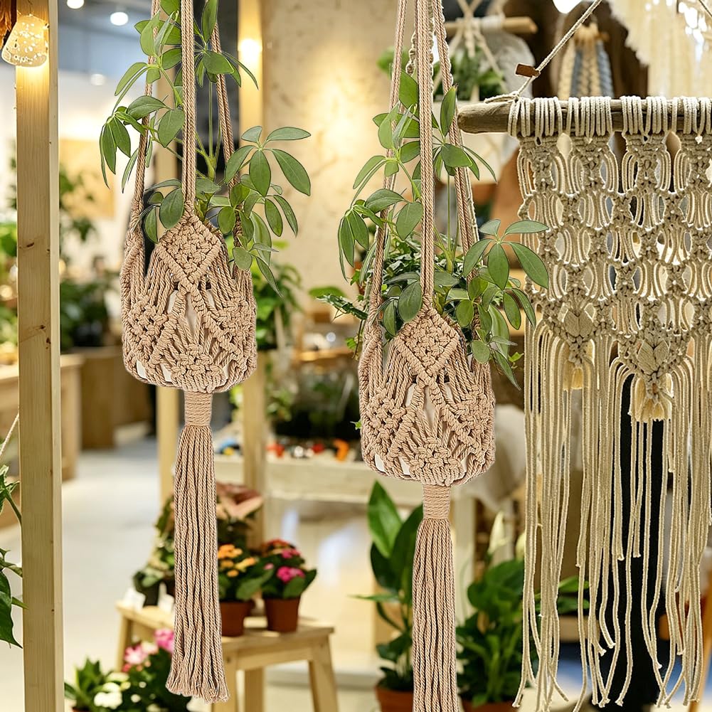 WEBEEDY Lot de 4 pots de fleurs tressés à la main en macramé avec crochets en acier inoxydable pour intérieur ou extérieur Marron