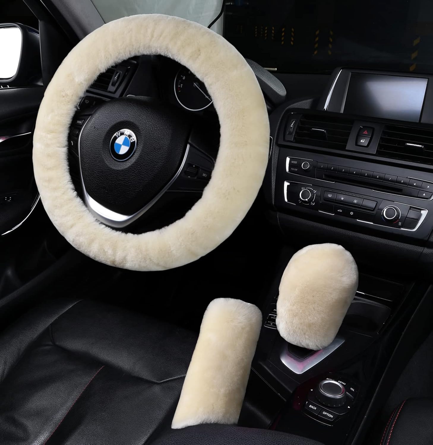 5 Pcs Set Genuine Sheepskin Car Steering Wheel Cover Natural Wool Seatbelt Pad Handbrake Gear Shift Cover Anti-Slip Universal Fit
