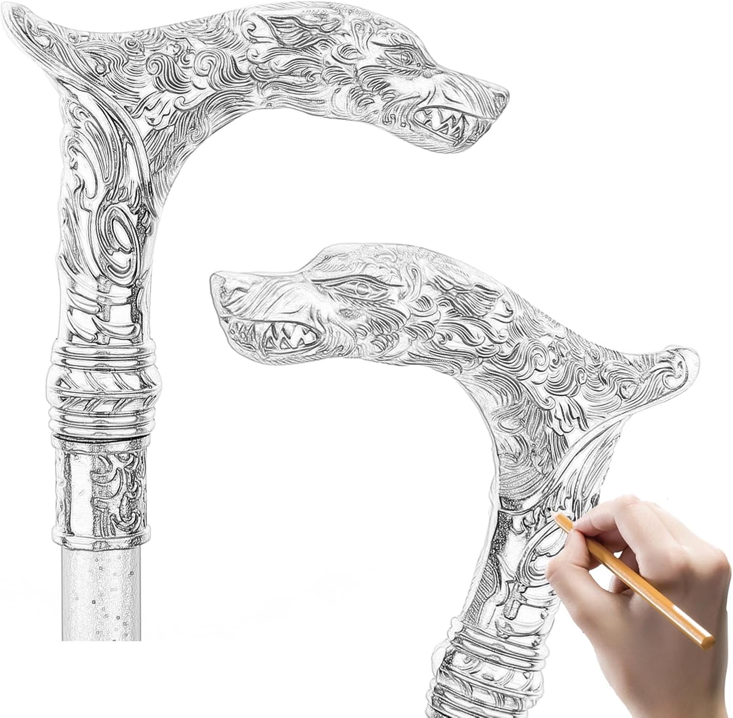 Qilin Walking Cane for Men and Women, Gothic Decorative Ornate Metal Cane with Ergonomic Handle, Walking Stick for Senior
