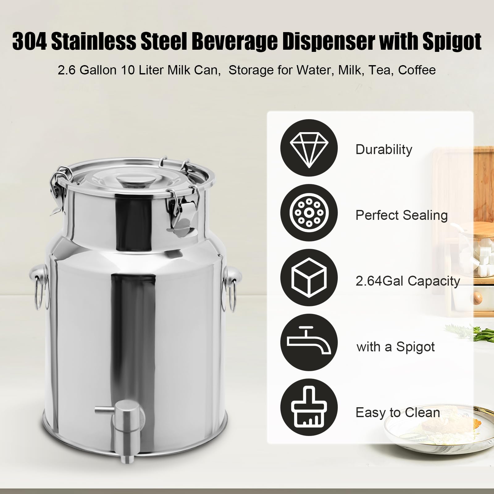 304 Stainless Steel Beverage Drink Dispenser with Spigot, 2.6 Gallon 10 Liter Milk Can, Beverage Dispenser for Water, Milk, Tea, Coffee (304 Stainless Steel/2.6Gal)