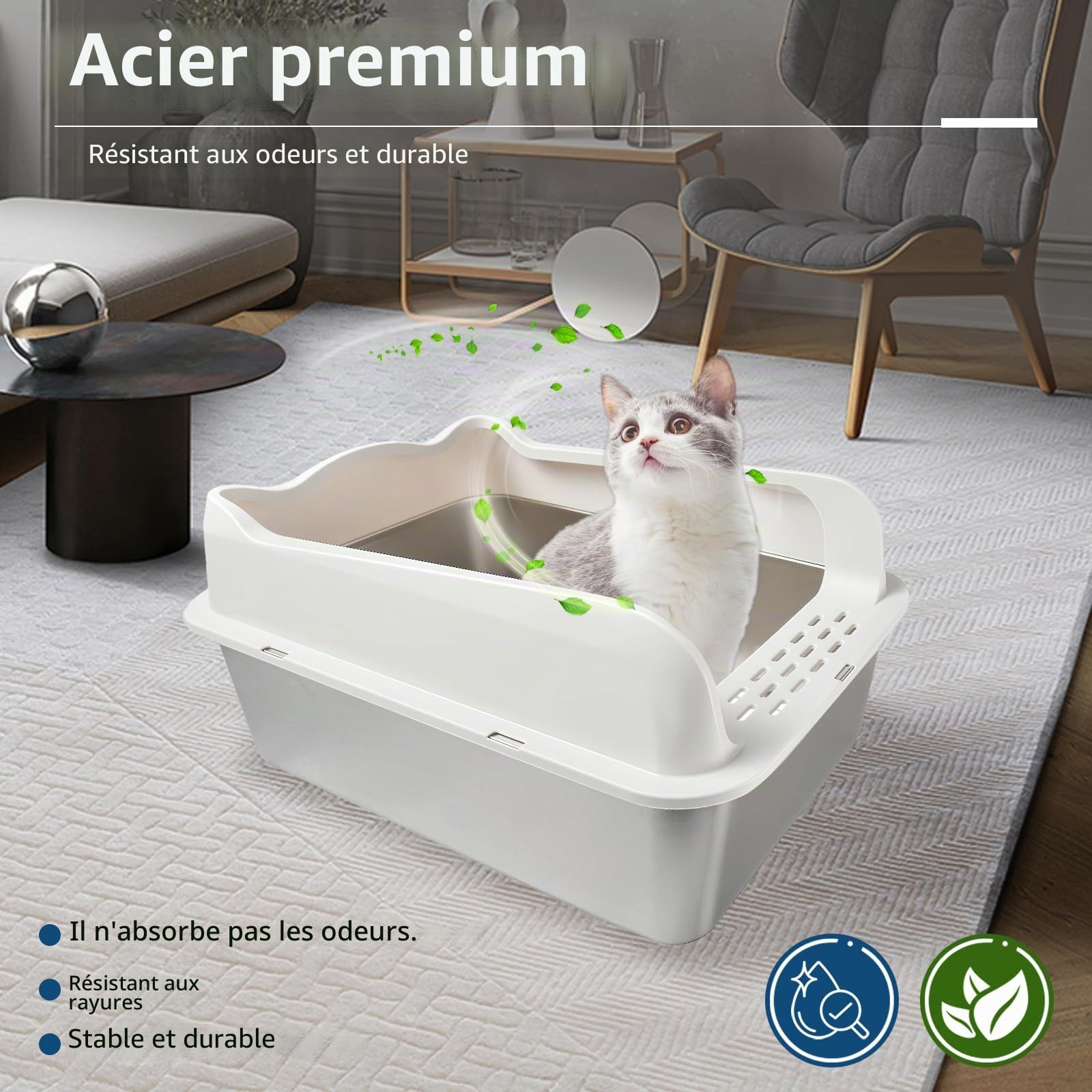 Bac à litière XXL pour chat, Grande litière pour chat 50 * 35 * 25 cm Sans odeur, Inoxydable, Surface lisse antiadhésive, Bac à litière en acier inoxydable Capacité pour un nettoyage plus facile