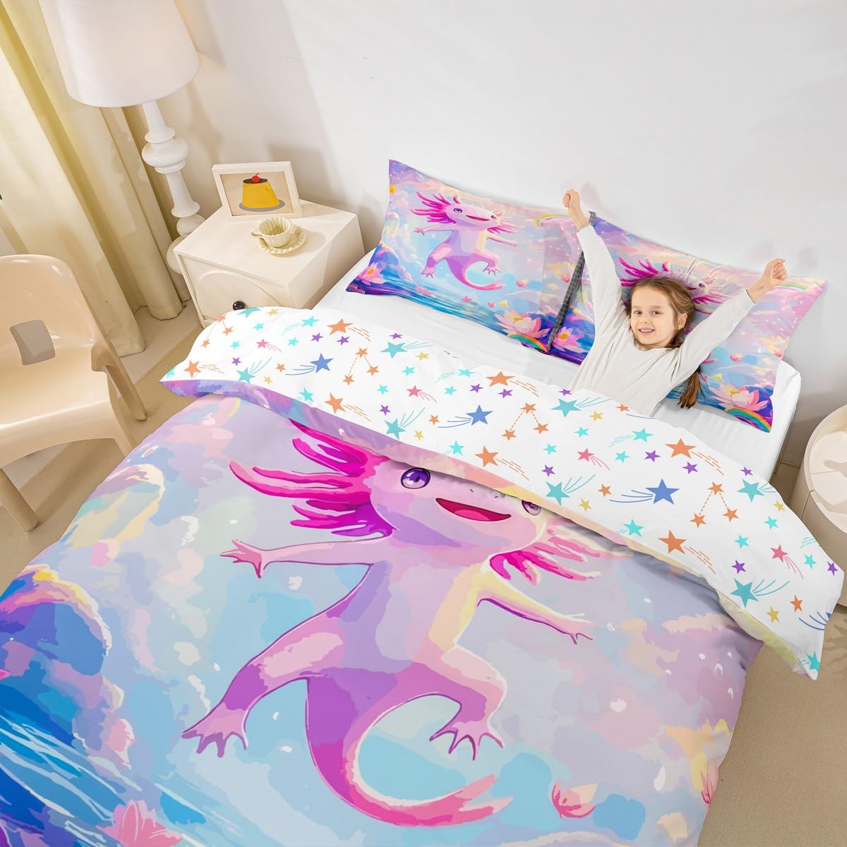 Homemissing Pink Axolotl Duvet Cover Set Single Size For Kids Boys Girls Teens Cartoon Salamander Bedding Set Rainbow Floral PrintDuvet Cover with 1 Pillowcase - Image 4