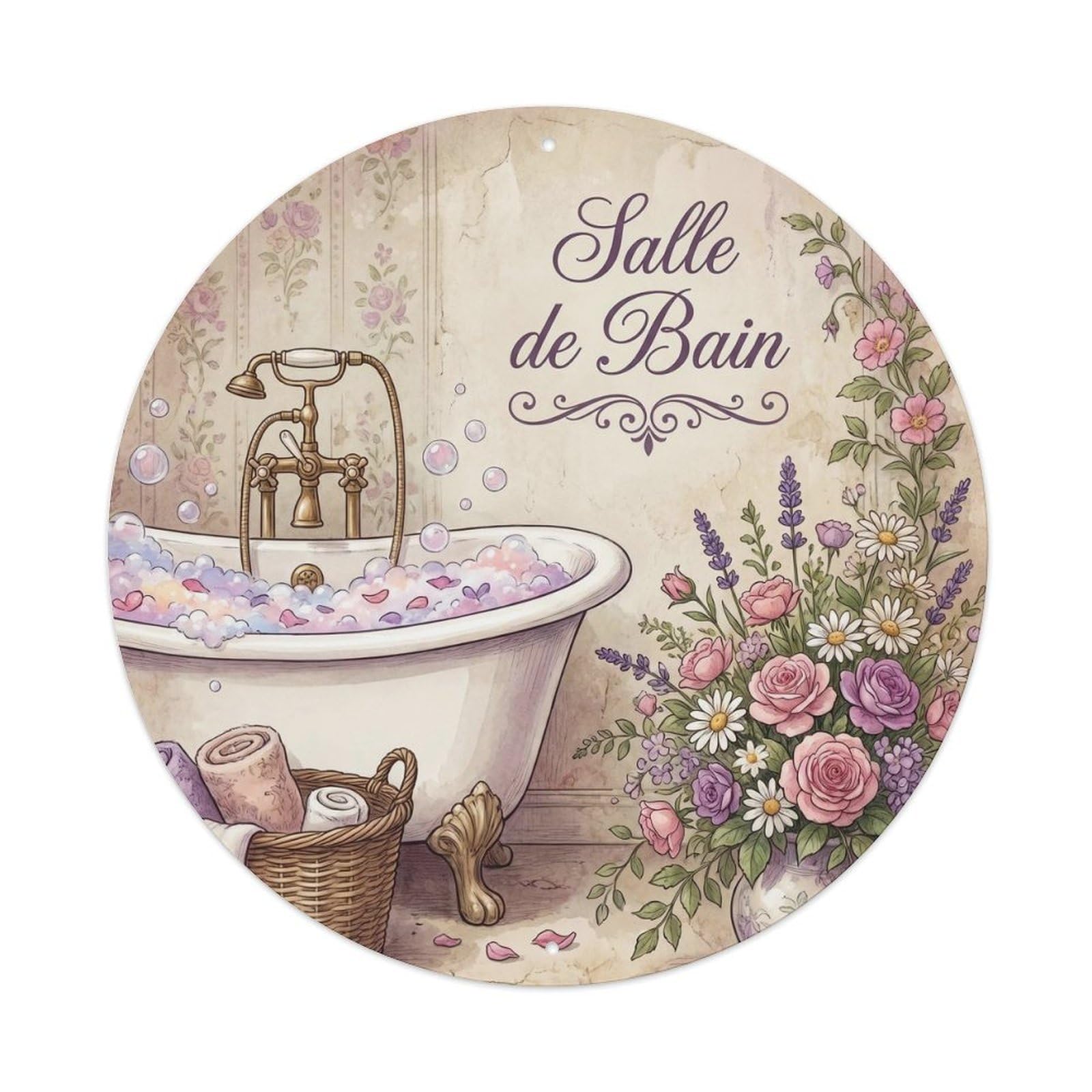 Yrnq Vintage Style Salle Floral Shabby Bathroom Wall Vintage Metal Tin Sign Plaque Wall Decor For Cafe, Club, Garden Round Metal Poster 8X8inch