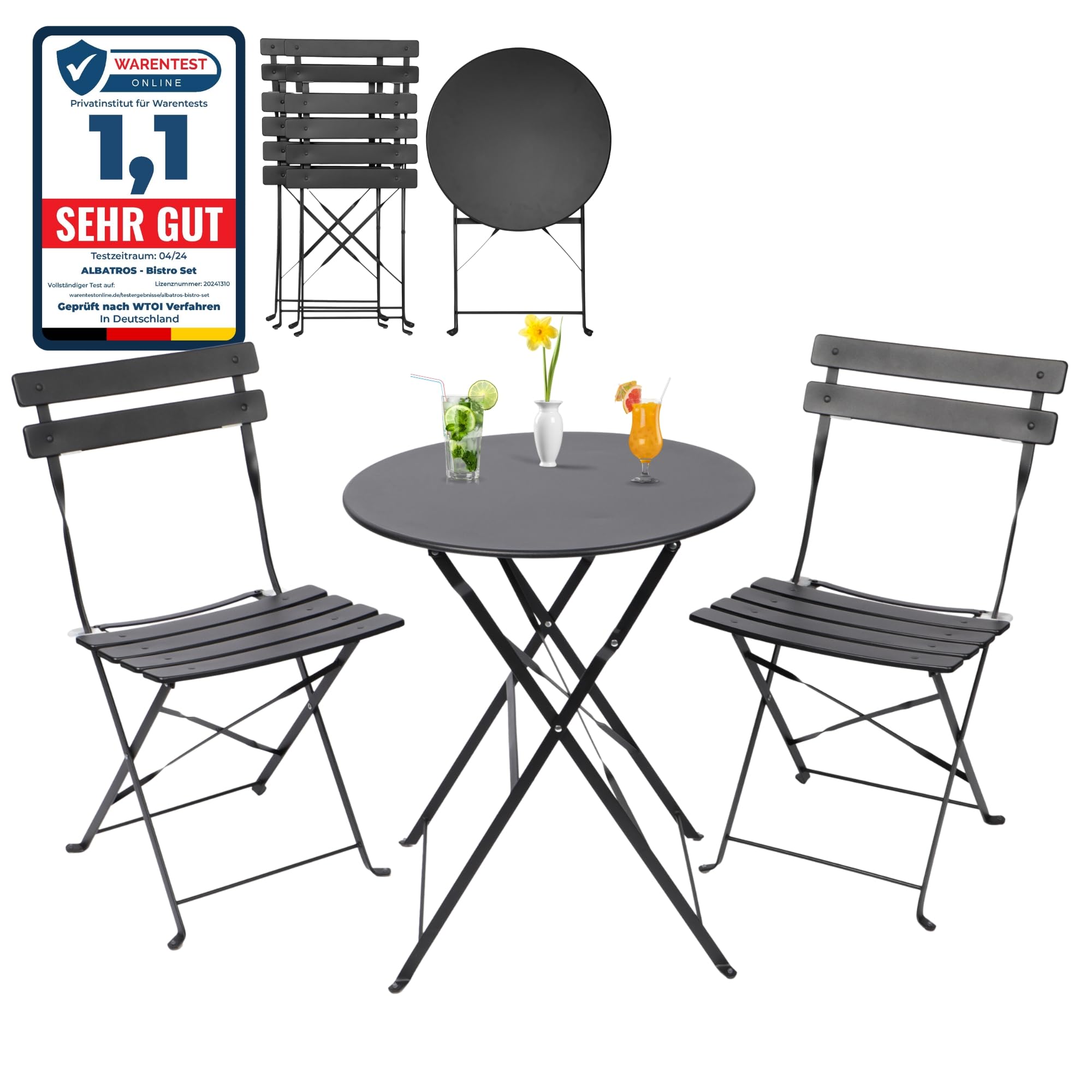 Albatros - Juego de 3 piezas de color negro – Mesa de bistró con 2 sillas – sillas plegables y mesa de metal resistente – Ideal como conjunto de muebles de balcón o muebles de jardín en diseño moderno
